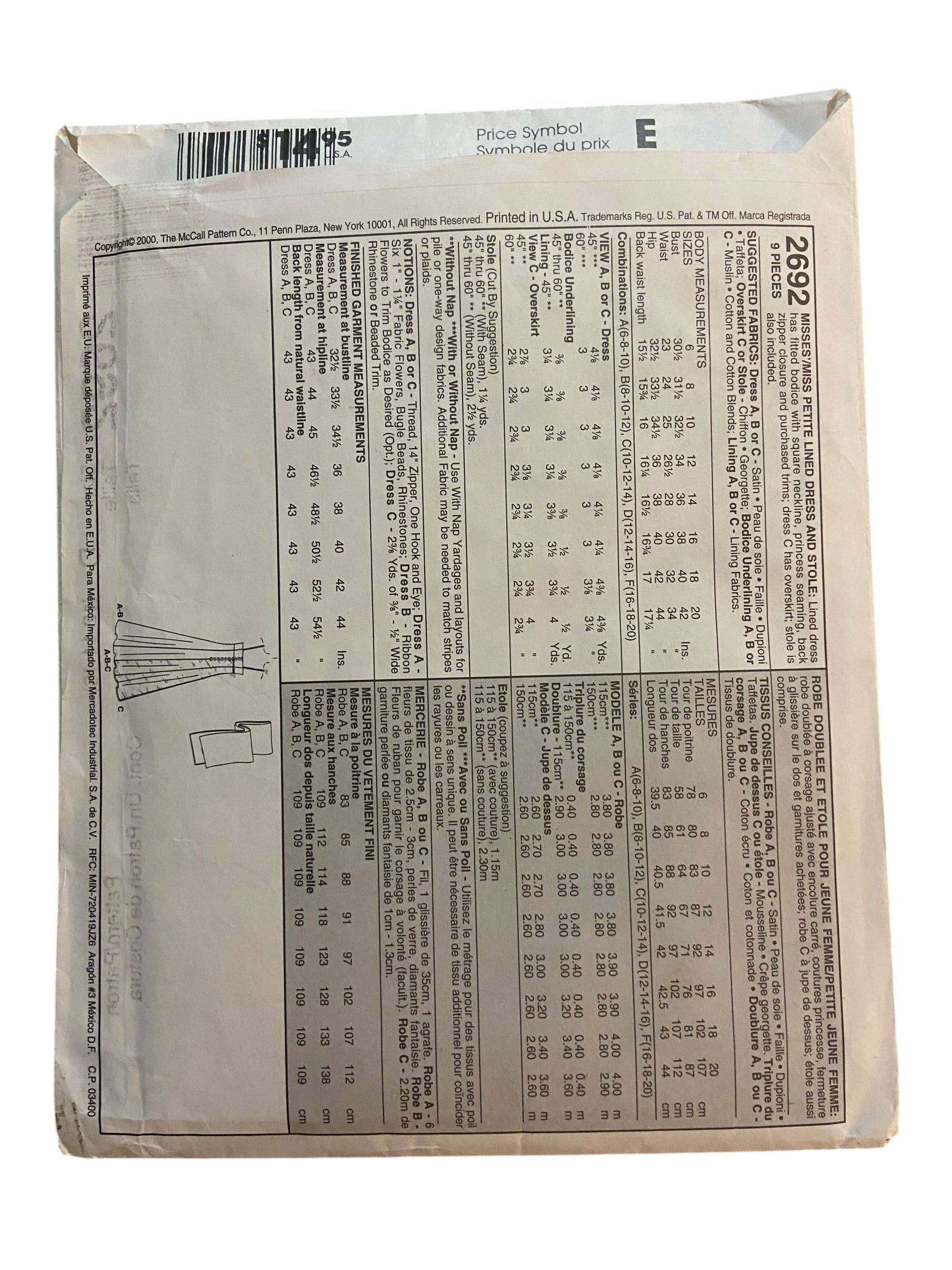 McCall's 2692 vintage 1990s lined evening dress and stole sewing pattern Bust 34, 36, 38 inches