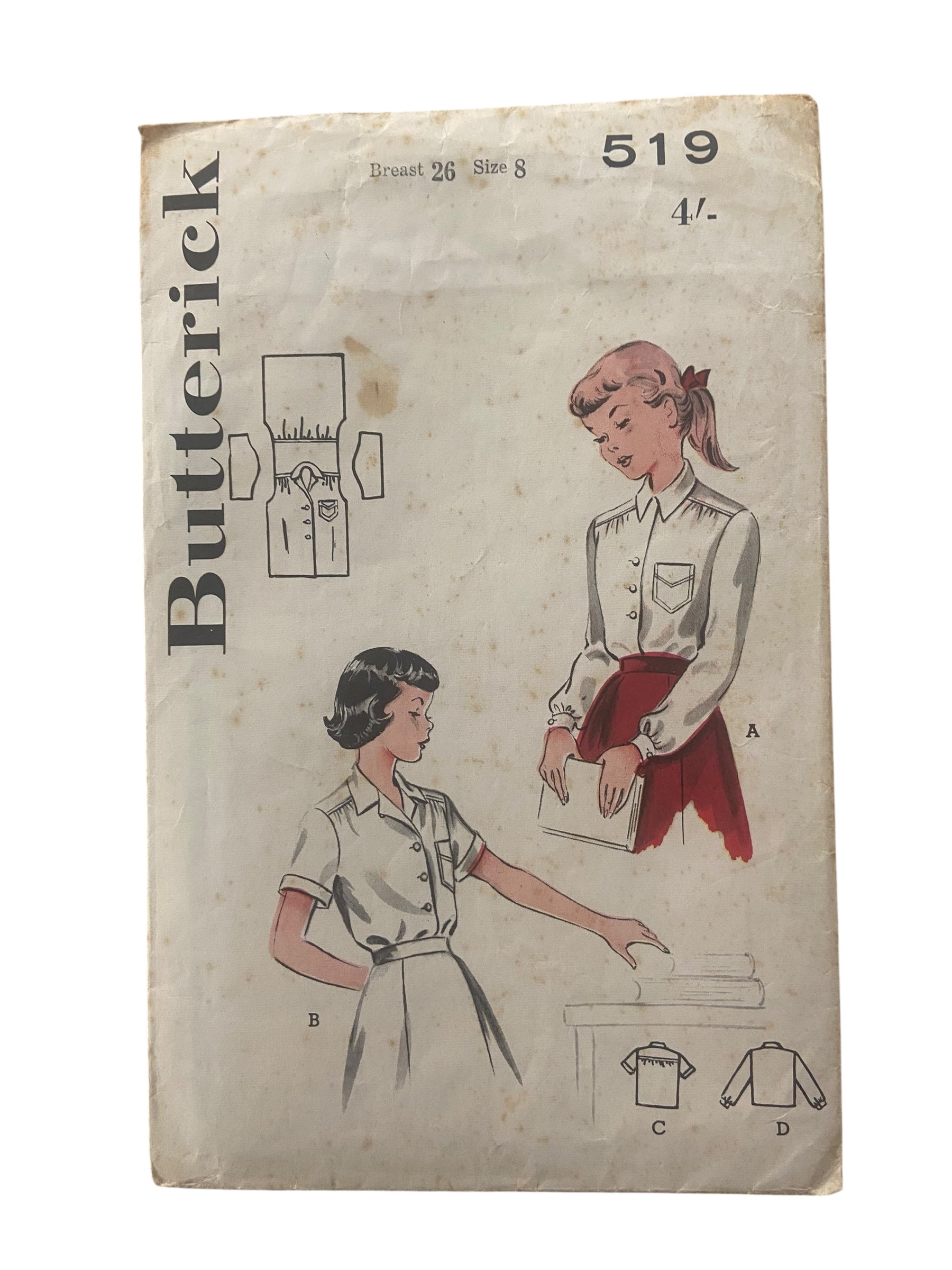 Butterick 519 vintage 1960s girl’s blouse sewing pattern Chest 26 inches