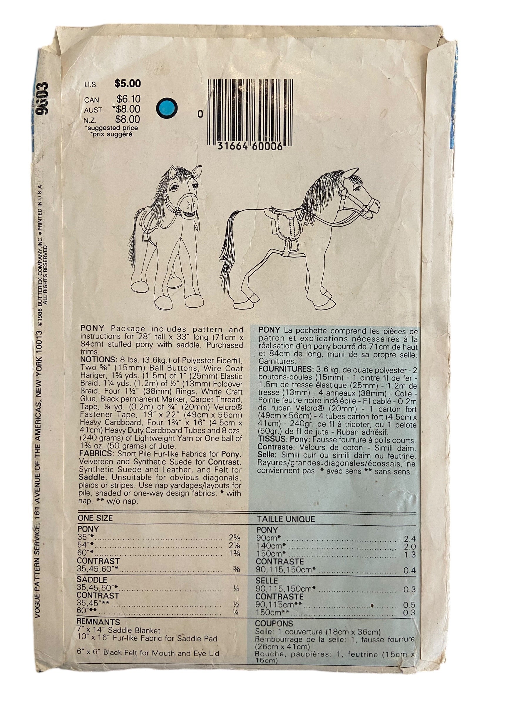 Vogue 9603 vintage 1980s pony and saddle craft sewing pattern