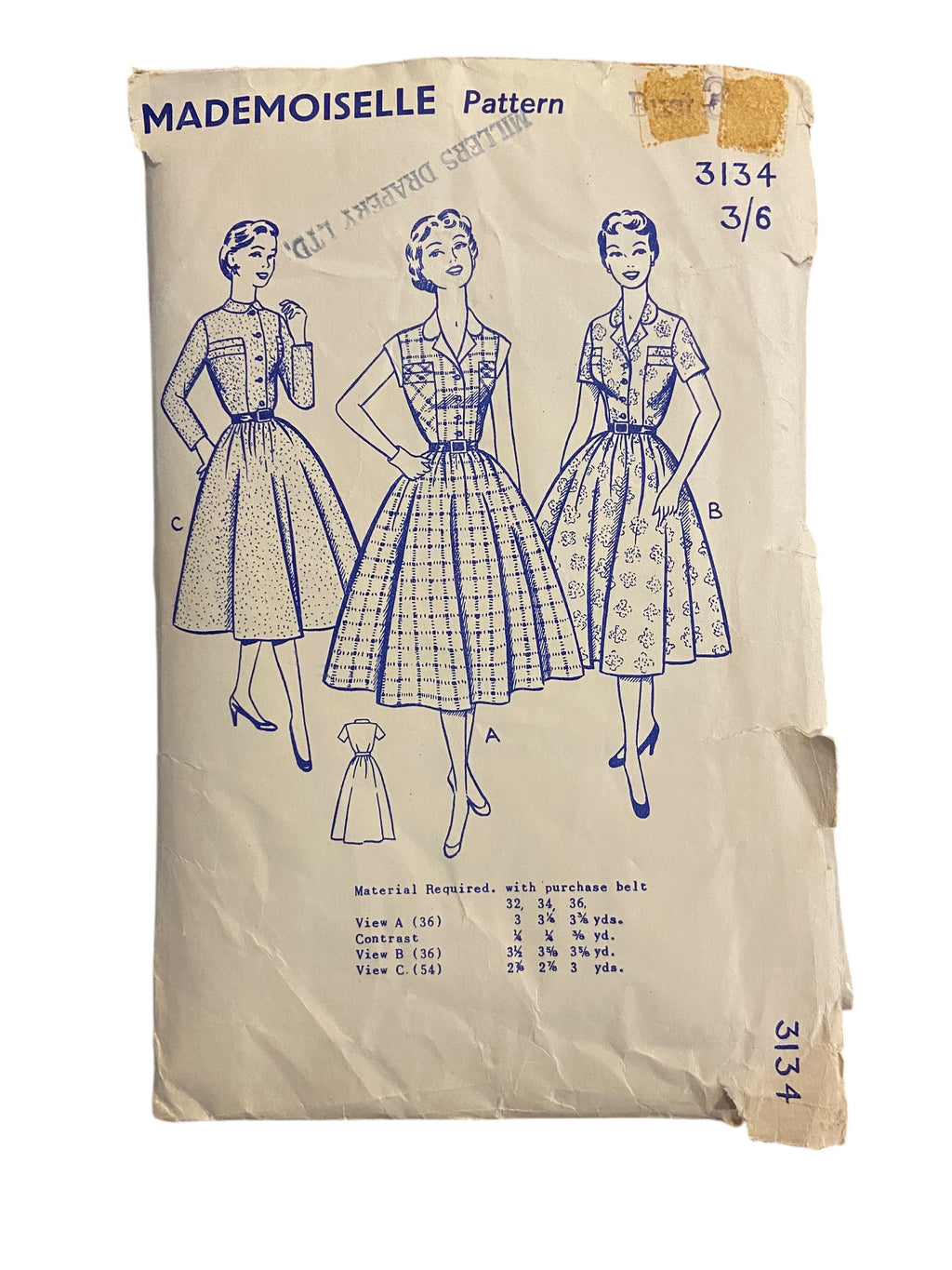 Mademoiselle 3134 vintage 1950s dress sewing pattern. Bust 36 inches