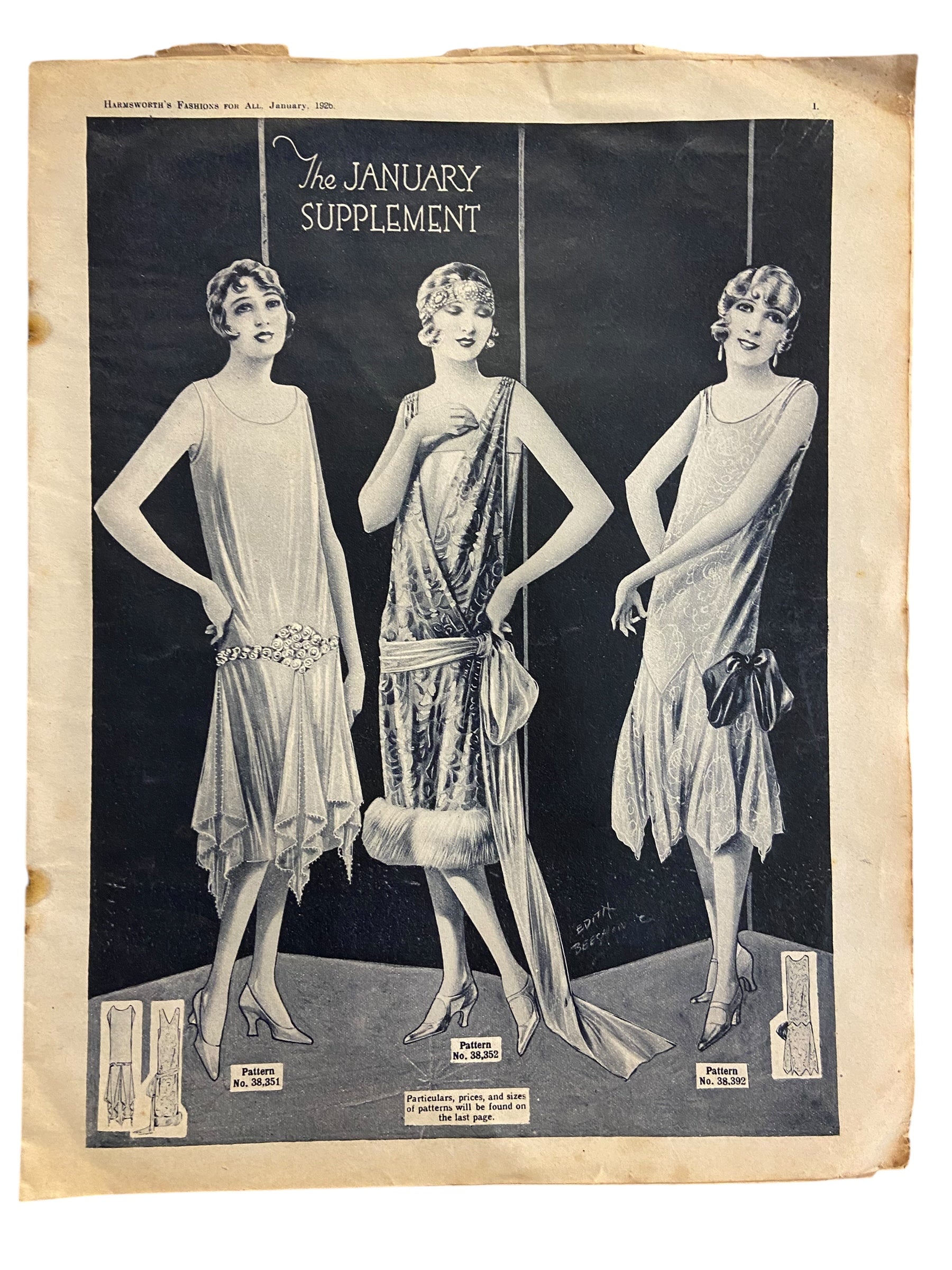 Fashions for All magazine February 1925 with two dress sewing patterns, unused. Bust 36 inches.