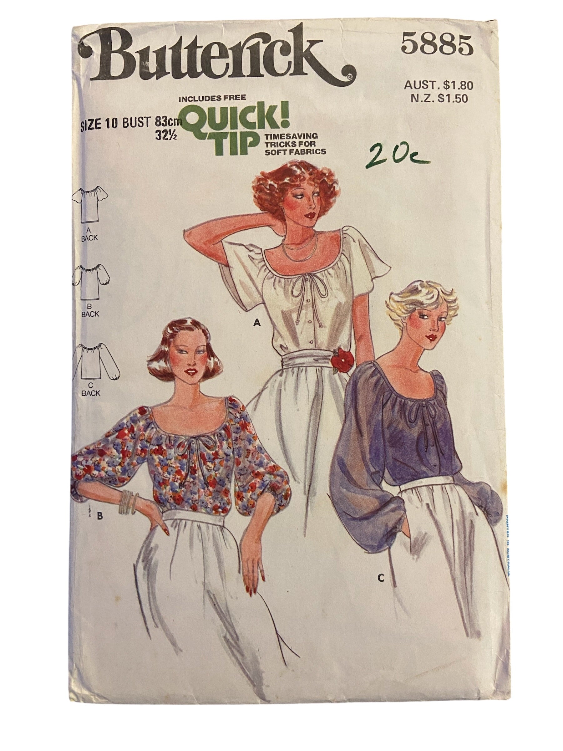 Butterick 5885 vintage 1970s peasant blouse pattern. Bust 32.5 inches