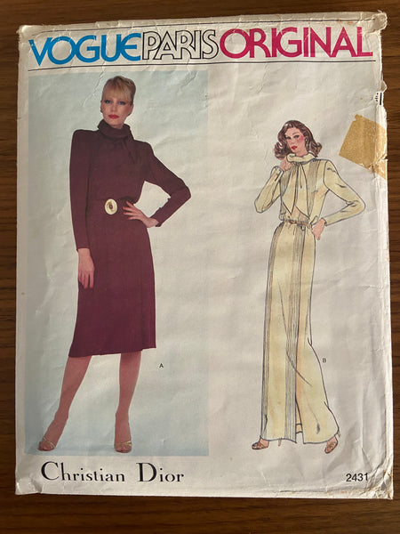 Vintage 1980s Vogue 2431 Christian Dior dress and belt sewing pattern Bust 31.5 inches.
