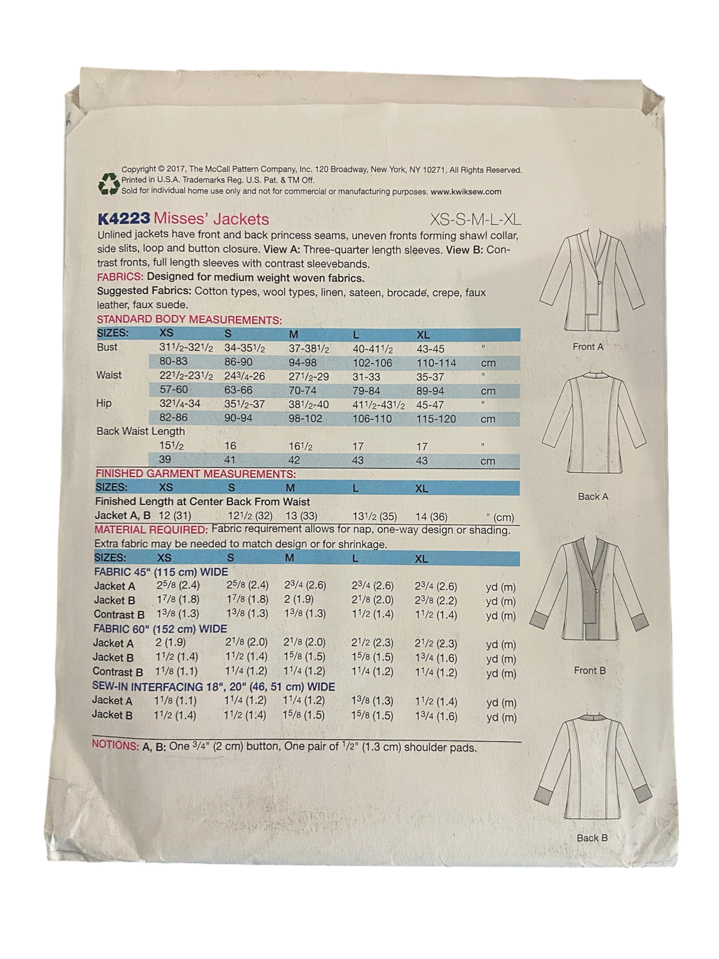 Kwik Sew K4223 women’s jackets sewing pattern. Bust 31.5, 32.5, 34, 35.5, 37, 38.5, 40, 41.5, 43, 45 inches