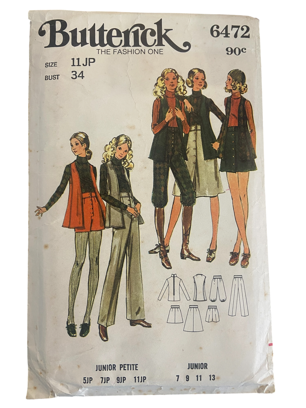 Butterick 6472 vintage 1970s skirt vest, knickers, pants, shorts and sweater sewing pattern Bust 34 inches