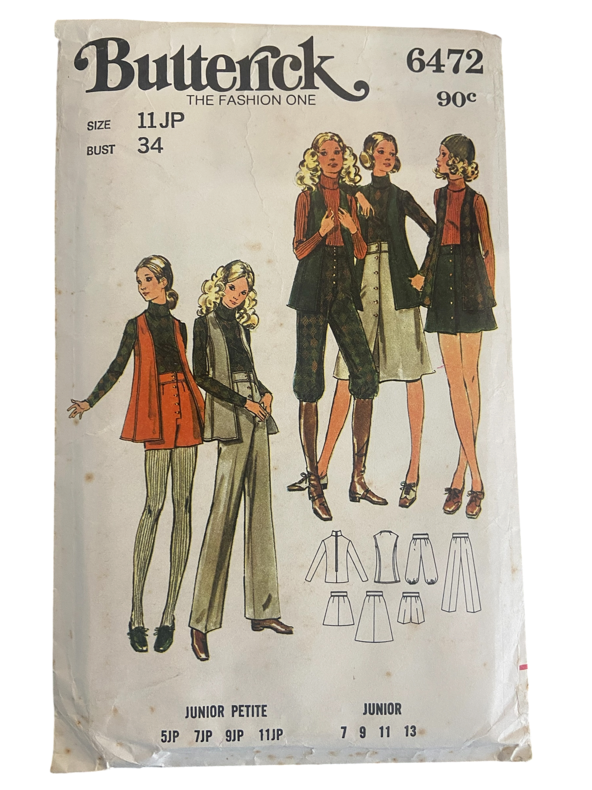 Butterick 6472 vintage 1970s skirt vest, knickers, pants, shorts and sweater sewing pattern Bust 34 inches