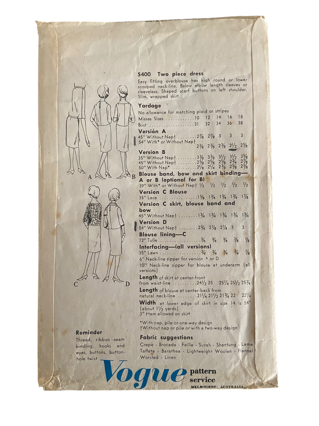 Vintage 1960s Vogue 5400 two piece dress sewing pattern Bust 36 inches