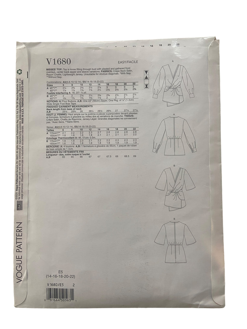 Vogue v1680 tops sewing pattern. Bust 36, 38, 40, 42, 44 inches