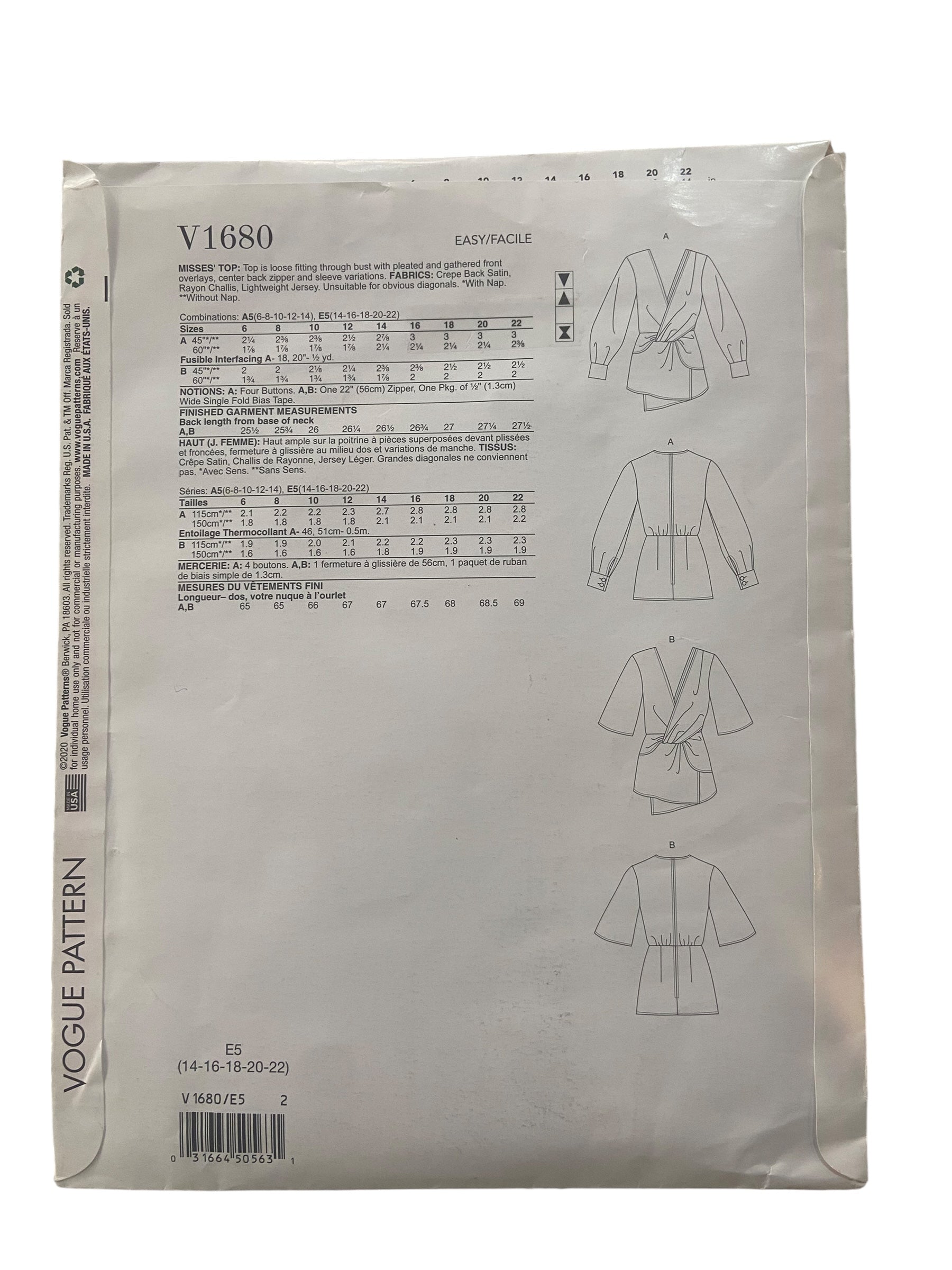 Vogue v1680 tops sewing pattern. Bust 36, 38, 40, 42, 44 inches