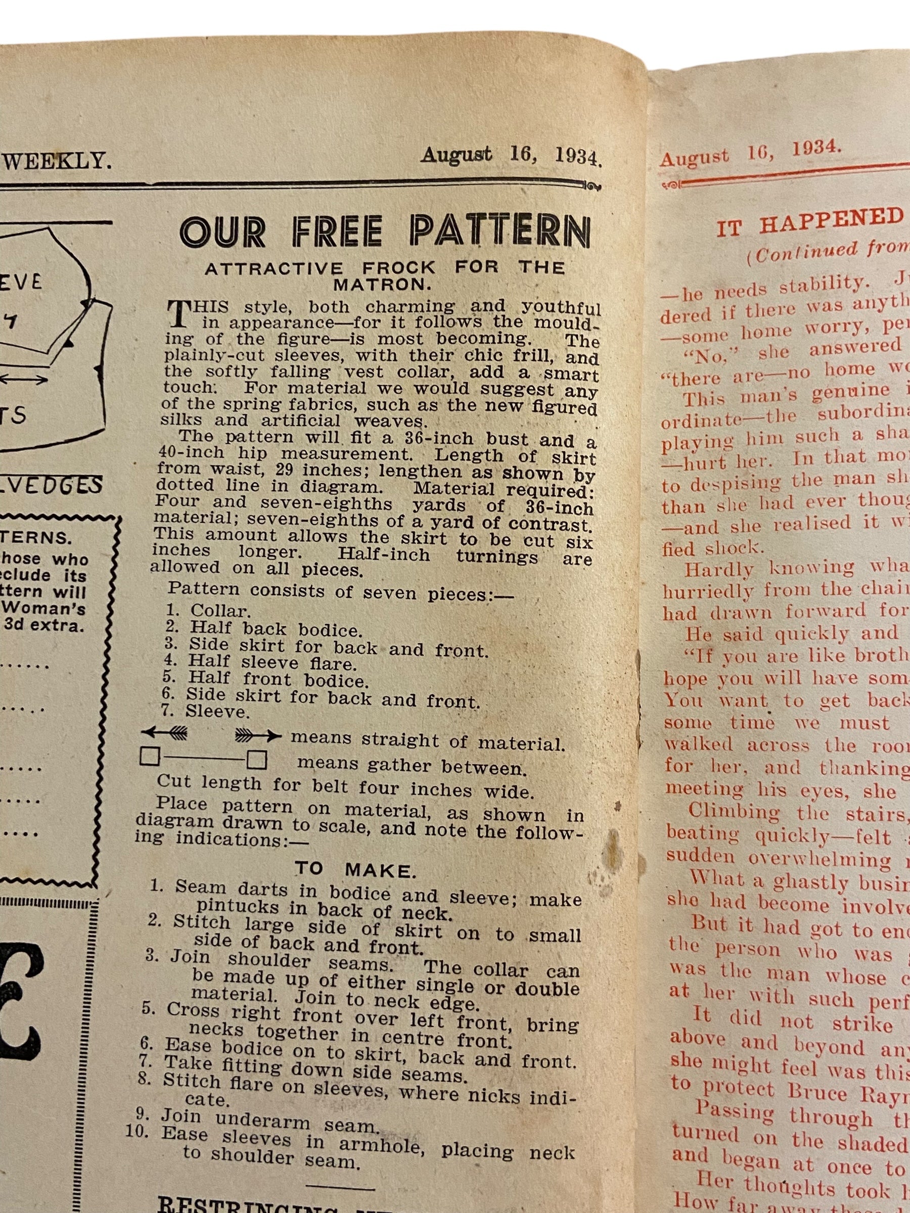 New Zealand Woman’s Weekly August 16 1934 with a sewing pattern, unused, factory folded, ladies frock (attractive frock for the matron), bust 36 inches