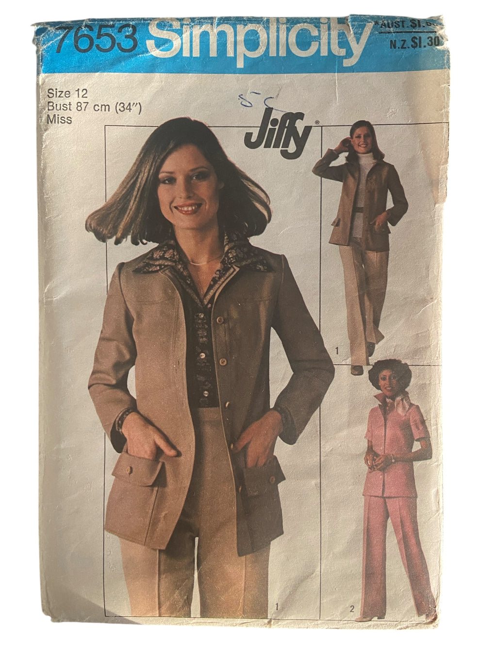 Simplicity 7653 vintage 1970s jiffy top and pants sewing pattern. Bust 34 inches
