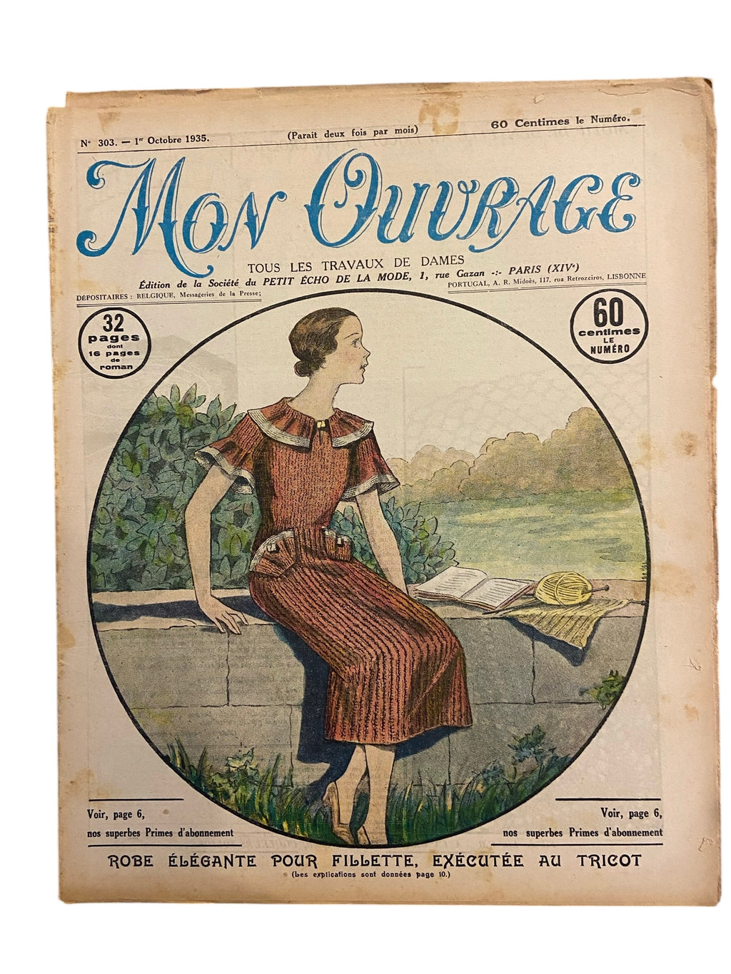 Mon Ouvrage 1 October 1935 includes  knitting pattern for the dress on the front cover and a man’s singlet (vest)