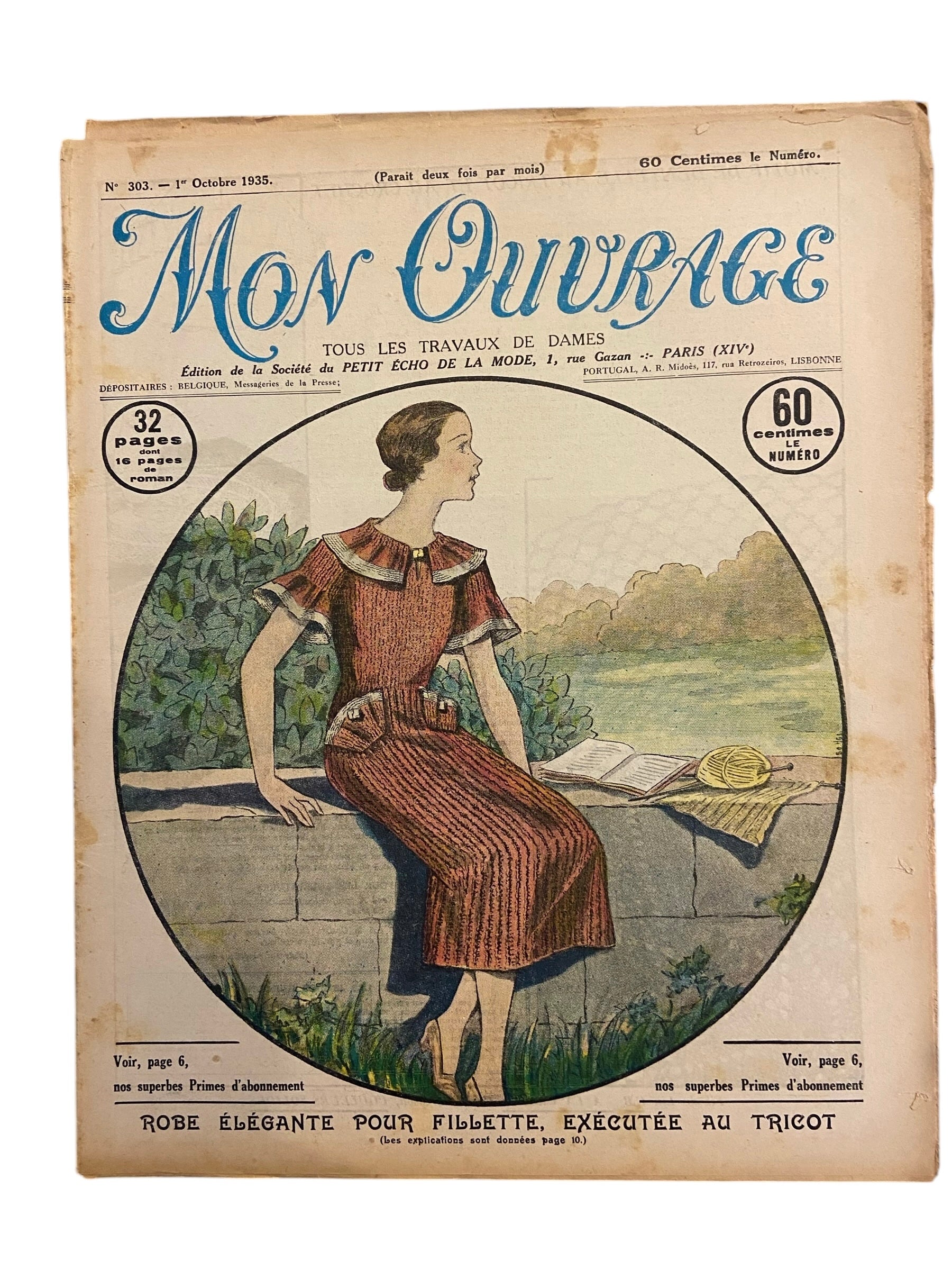 Mon Ouvrage 1 October 1935 includes  knitting pattern for the dress on the front cover and a man’s singlet (vest)