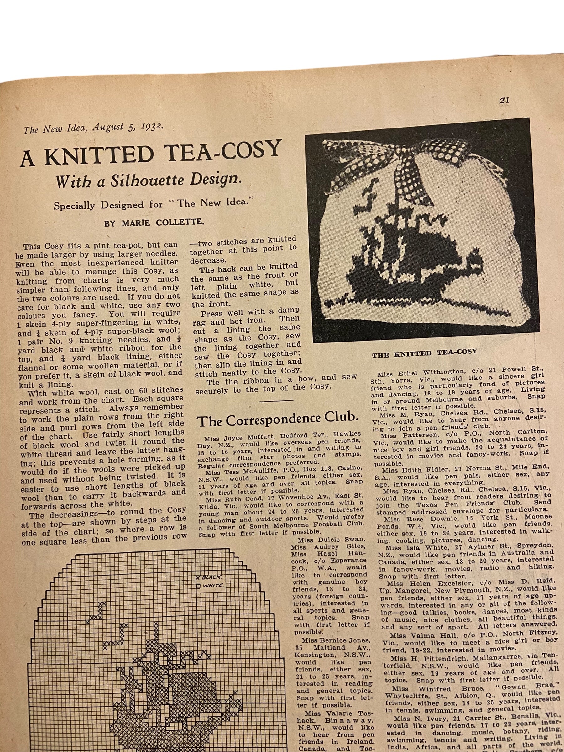 The New Idea Magazine . A weekly paper for Australian and New Zealand Women. August 5 1932 with sewing pattern unused, factory folded, lady’s frock. Bust 32 inches.