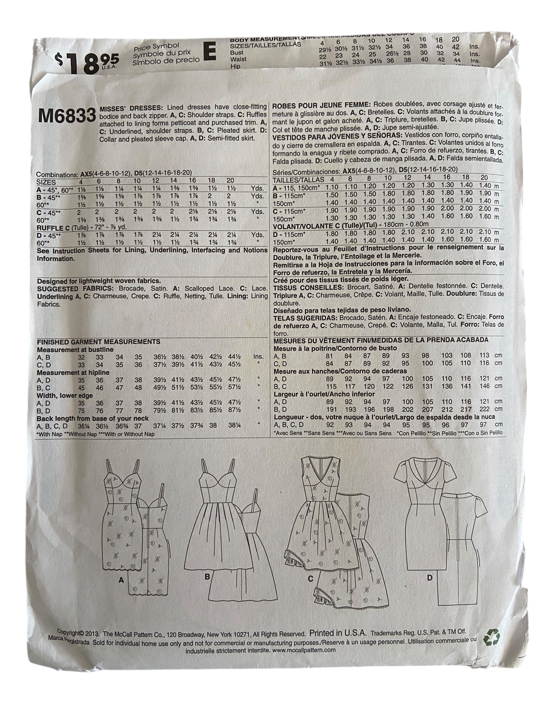 McCall's M6833 dress sewing pattern from the 2000s. Bust 29.5, 30.5, 31.5, 32.5, 34 inches