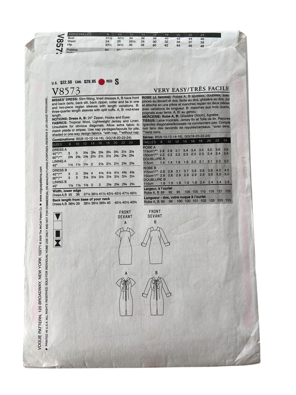 Vogue v8573 vintage 2000s dress sewing pattern. Bust 31.5, 32.5, 34, 36, 38 inches
