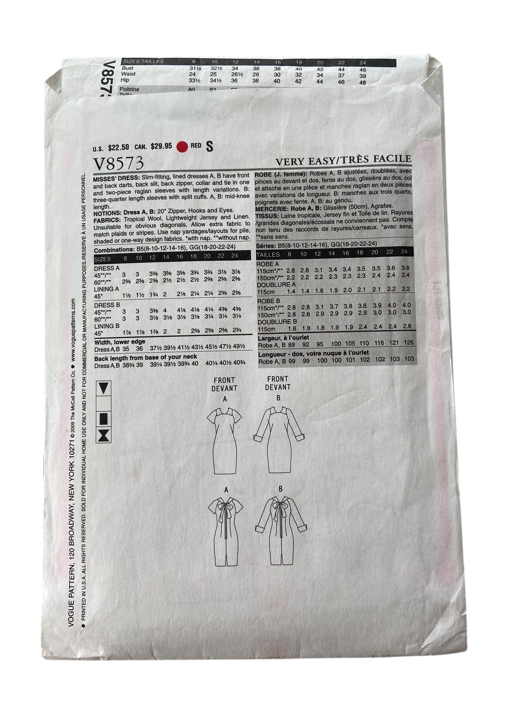 Vogue v8573 vintage 2000s dress sewing pattern. Bust 31.5, 32.5, 34, 36, 38 inches