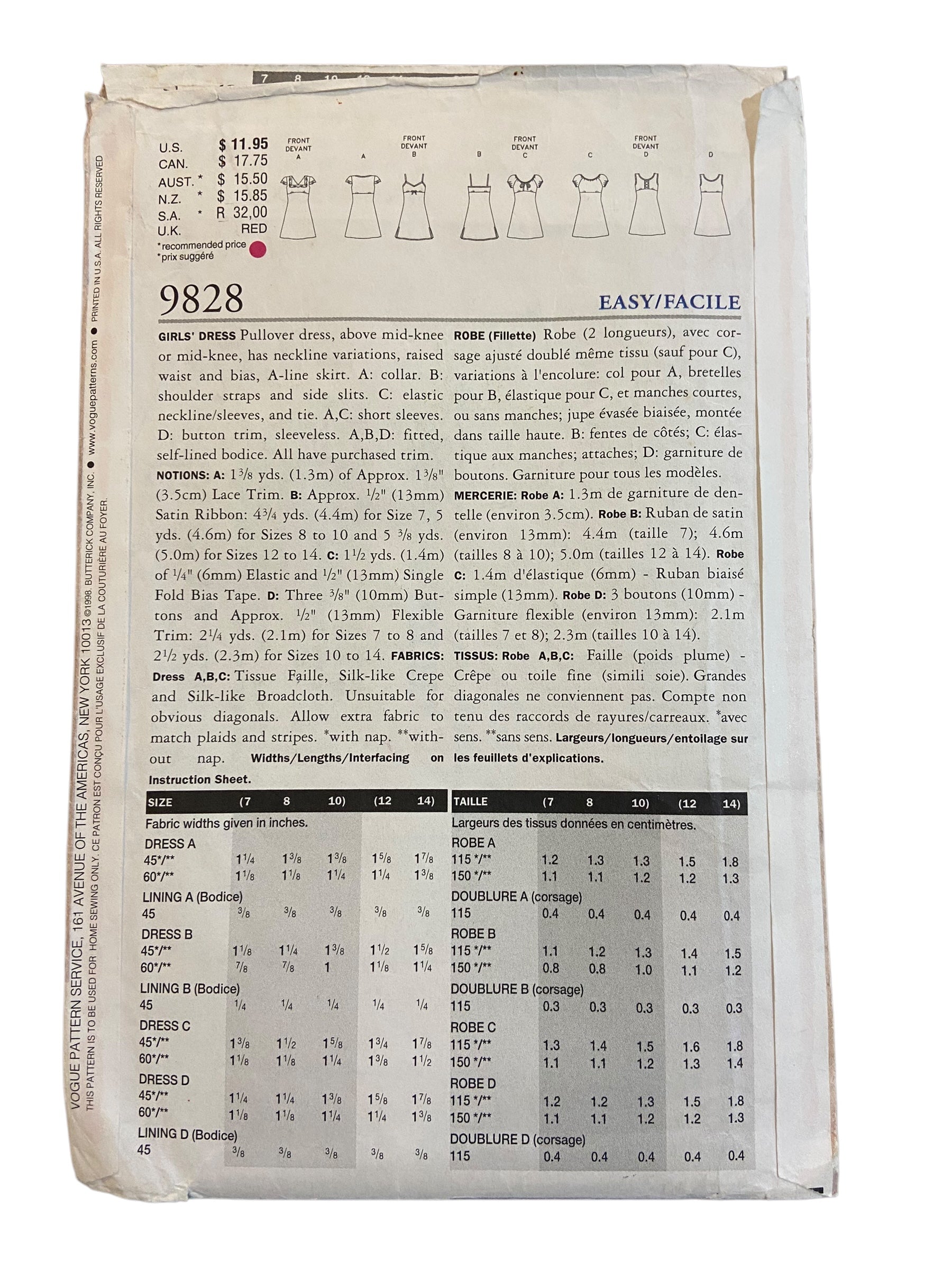 Vogue 9828 Vogue for Me vintage 1990s child's dress sewing pattern Breast 26, 27, 28.5 inches