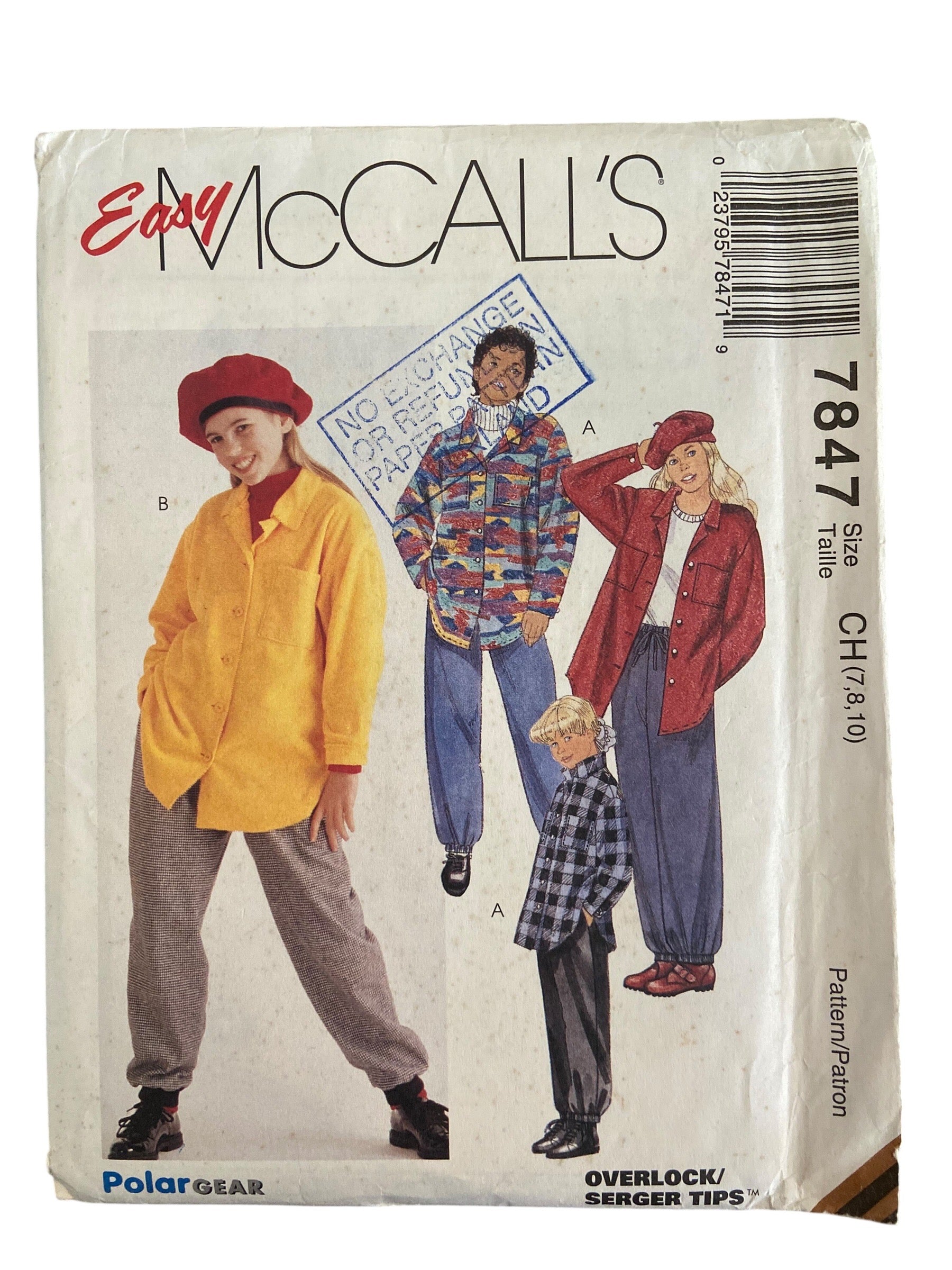 McCall's 7847 vintage 1990s girl’s pants and shirt sewing pattern size 7, 8, 10. 26, 27, 28.5 inch chest