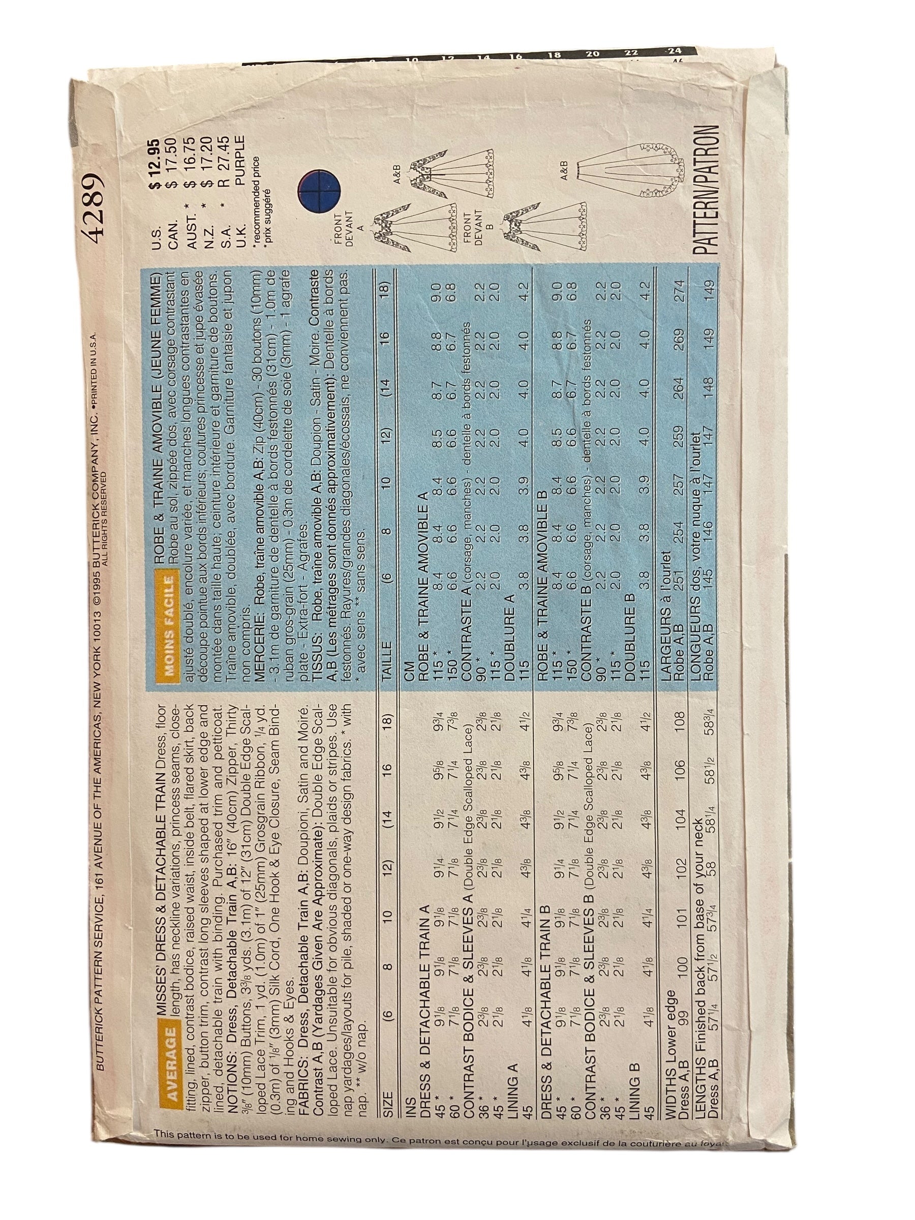 Butterick 4289 vintage 1990s bridal gown sewing pattern Bust 36, 38, 40 inches