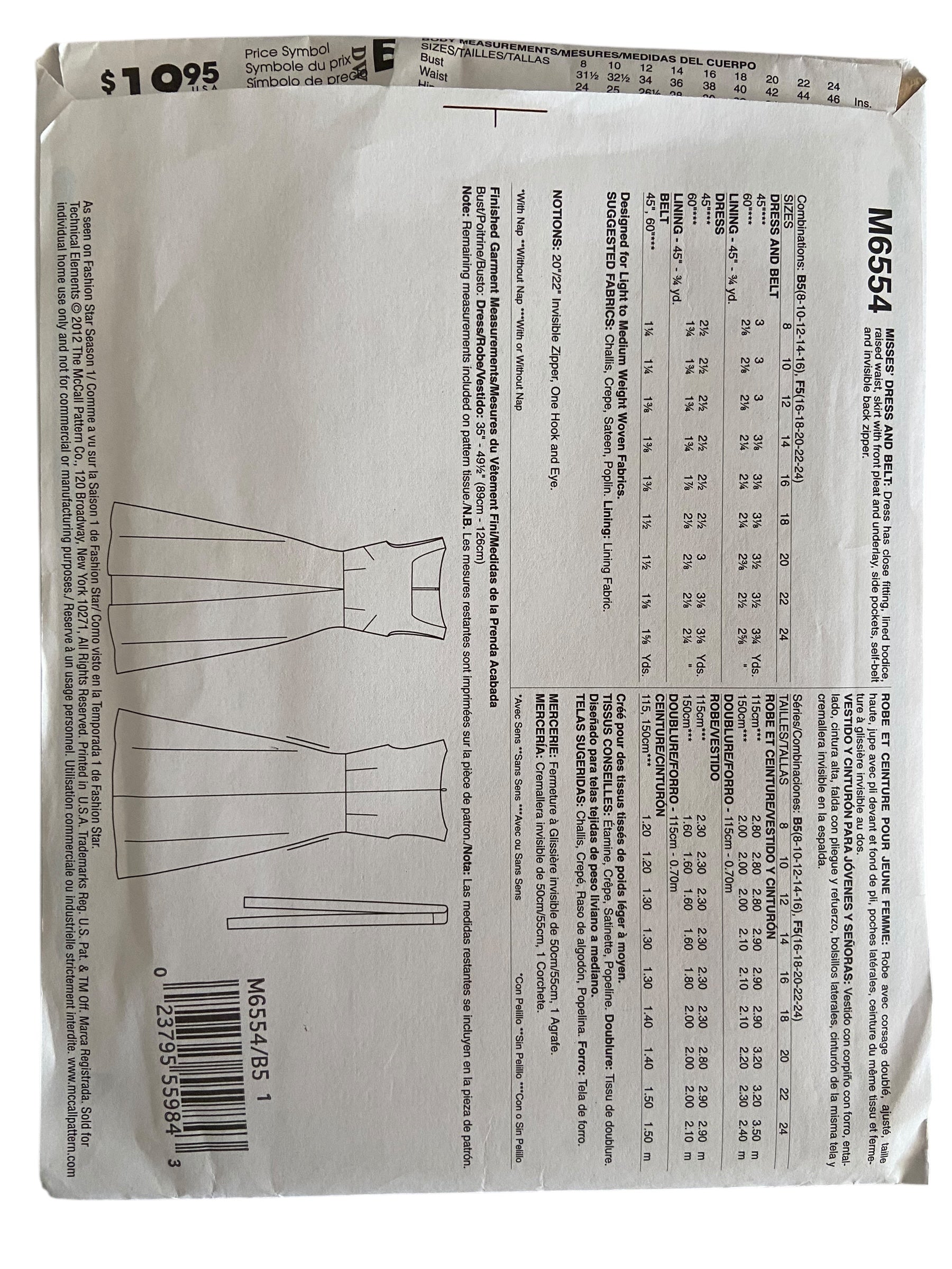 McCall's M6554 Fashion Star dress sewing pattern from the 2000s. Bust 30.5, 31.5, 32.5, 34, 36 inches