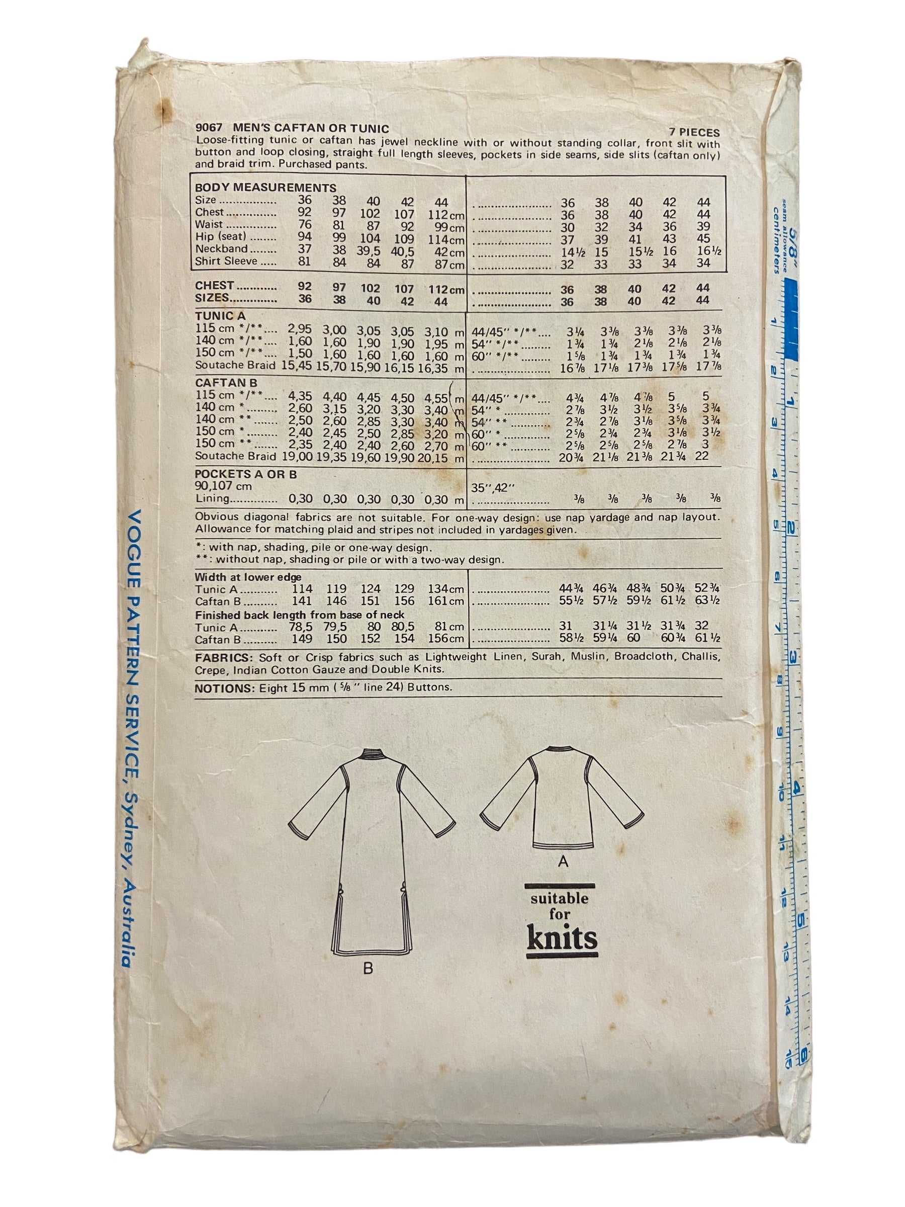 Vogue 9067 vintage 1970s men's caftan or tunic sewing pattern. Chest 38 inches.