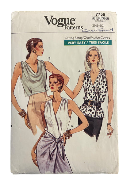 Vogue 7756 vintage 1990s top sewing pattern. Bust 30.5, 32.5, 32.5 inches