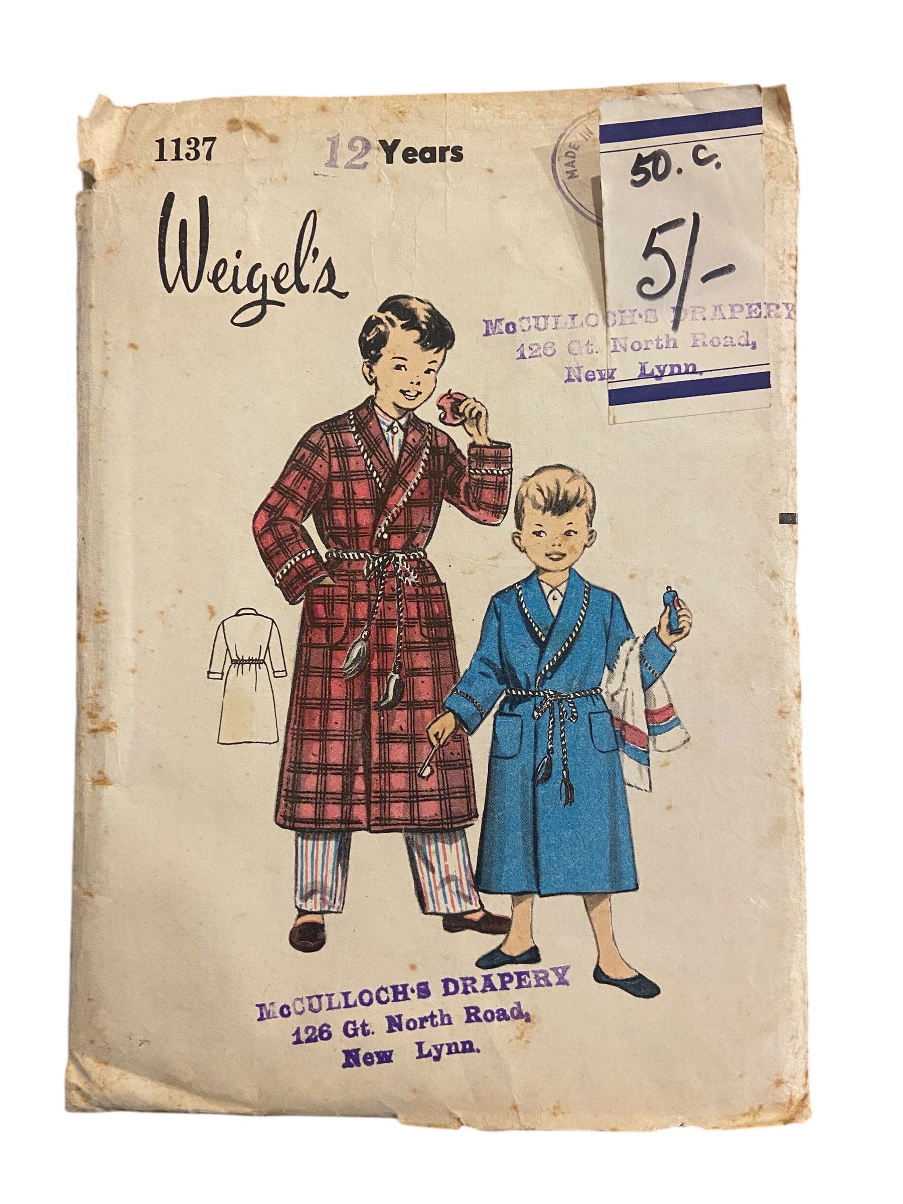 Weigel’s 1137 vintage 1950s vintage child's dressing gown robe sewing pattern. Size 12 years