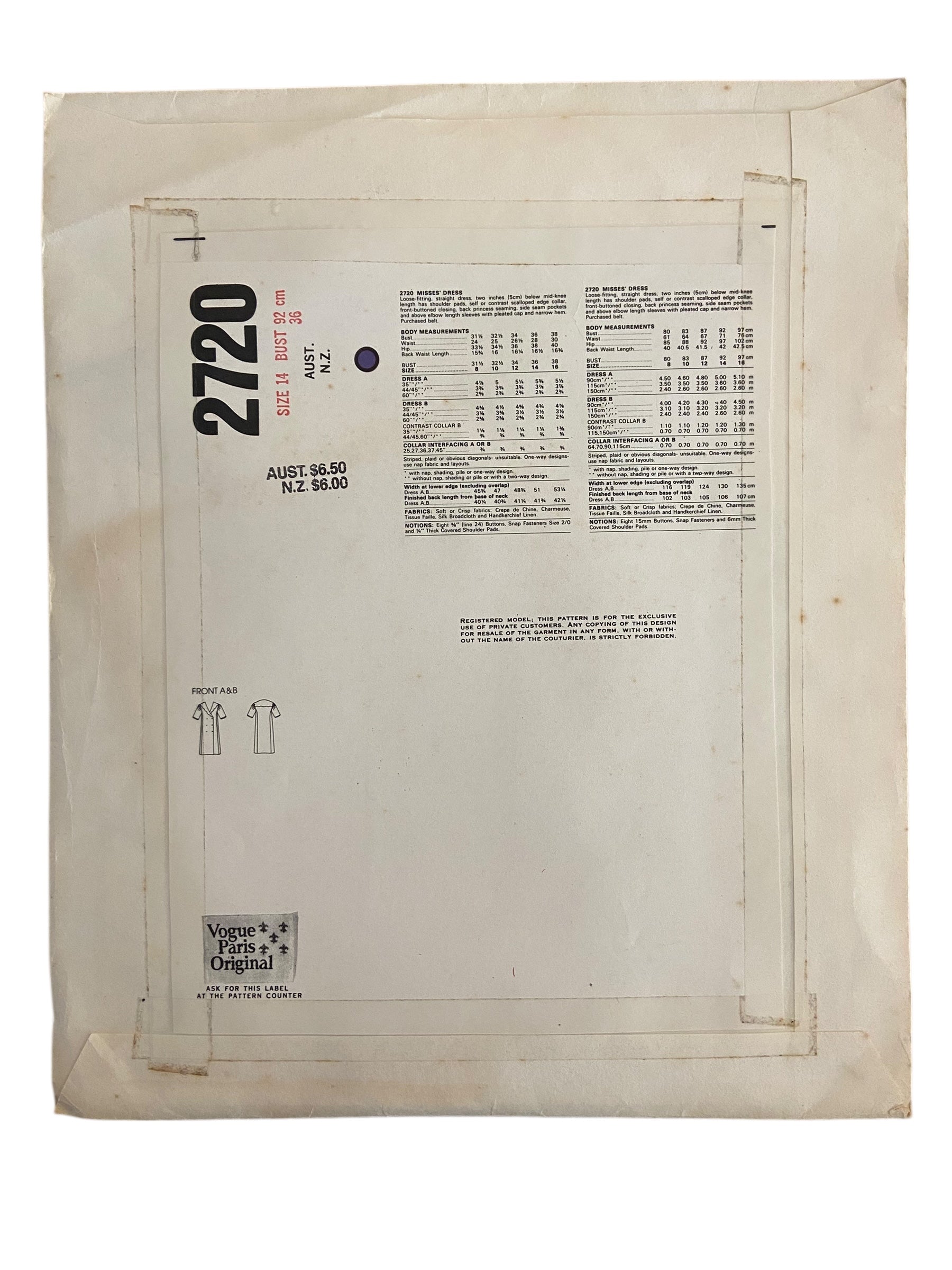 Vogue 1032. Vintage 1980s dress sewing pattern. Vogue Paris original. Givenchy. Bust 36 inches