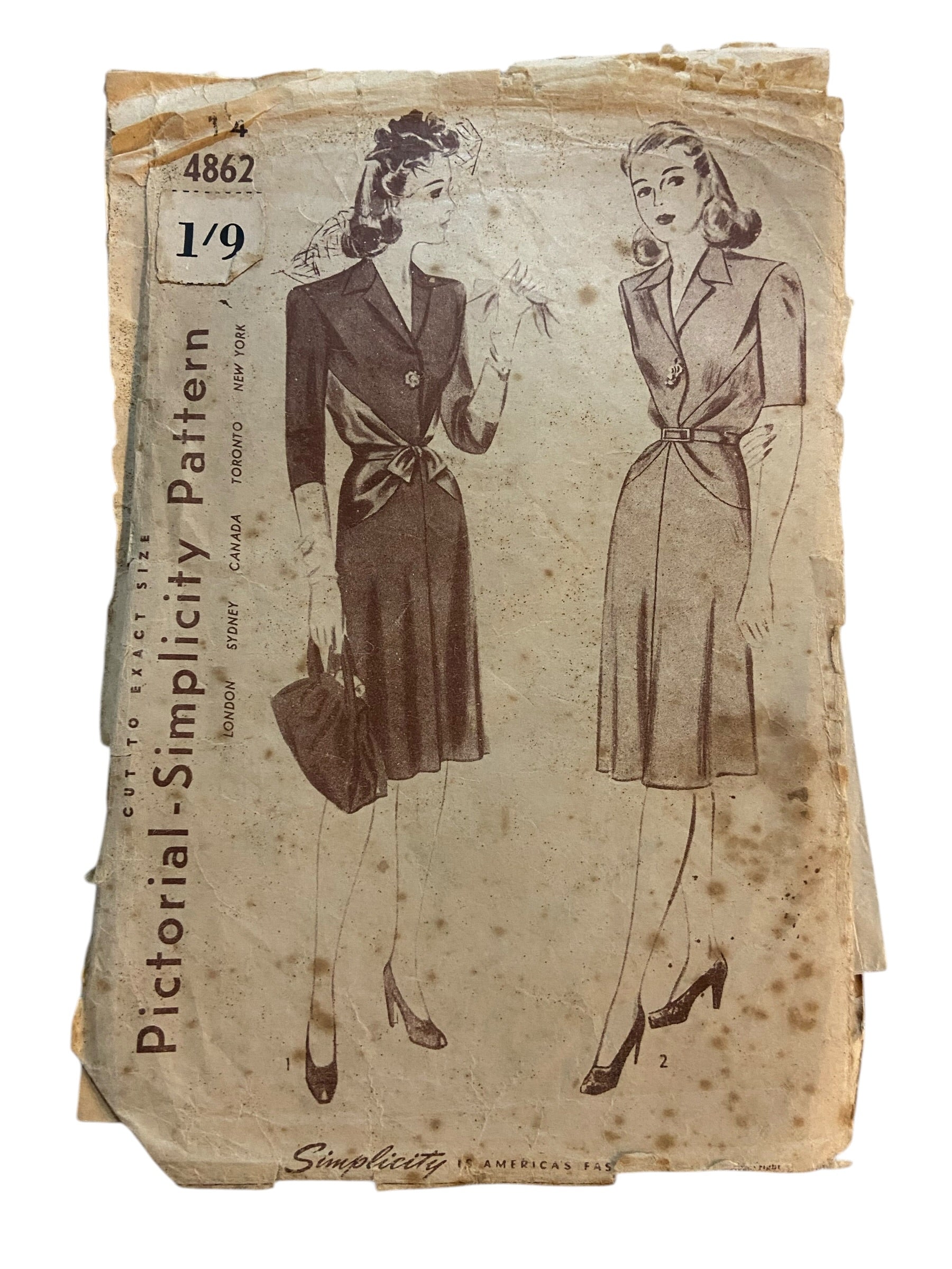 Simplicity 4862 vintage 1940s dress UNPRINTED sewing pattern Bust 32 inches