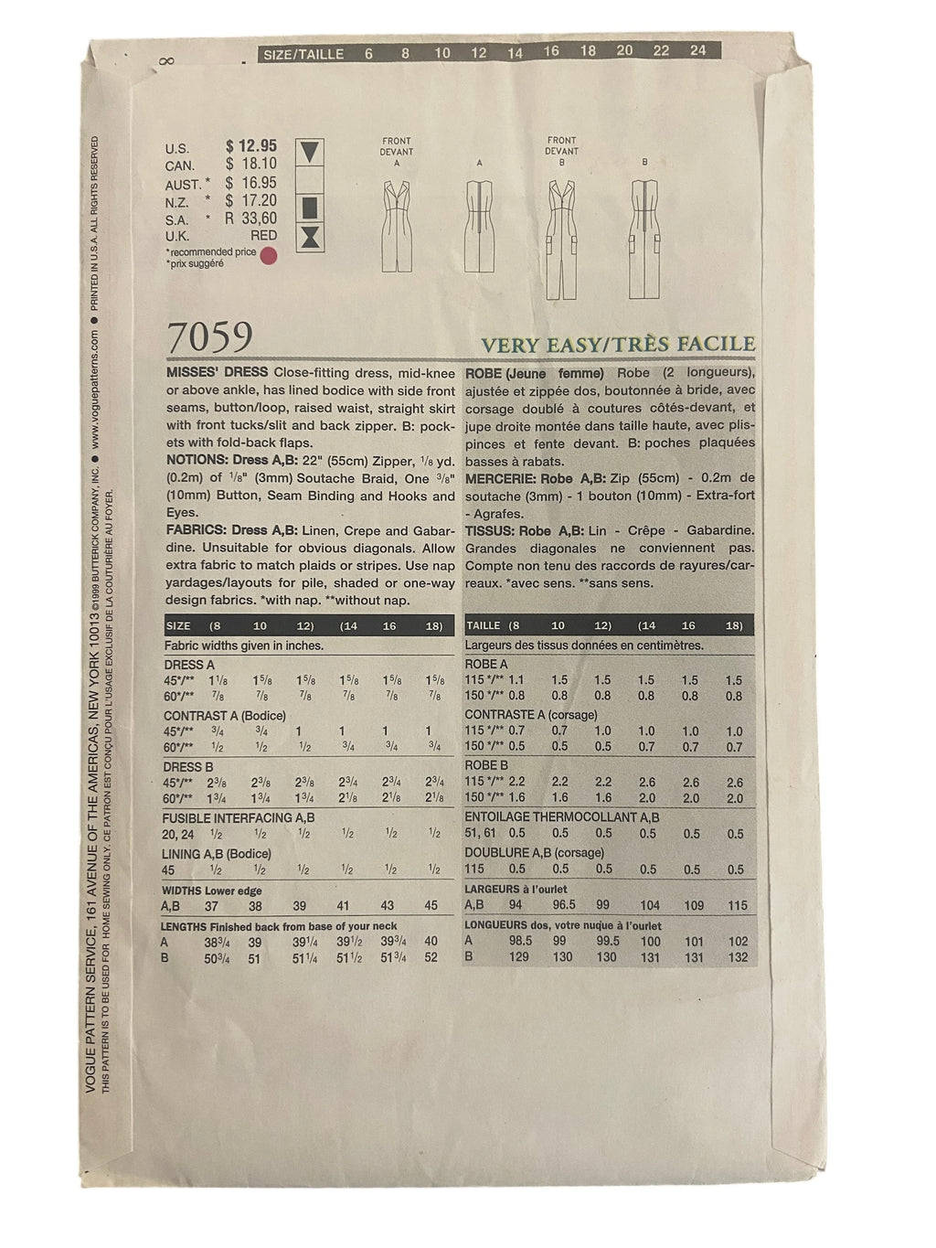Very Easy Vogue career 7059 vintage 1990s dress sewing pattern. Bust 31.5, 32.5, 34 inches