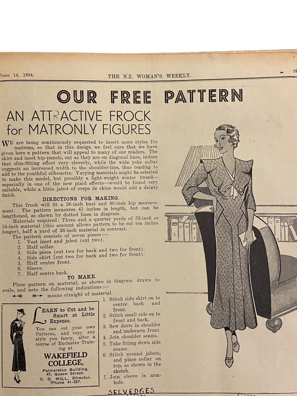 New Zealand Woman’s Weekly June 14 1934 with a sewing pattern, unused, factory folded, ladies frock (an attractive frock for the matronly figure), bust 36 inches