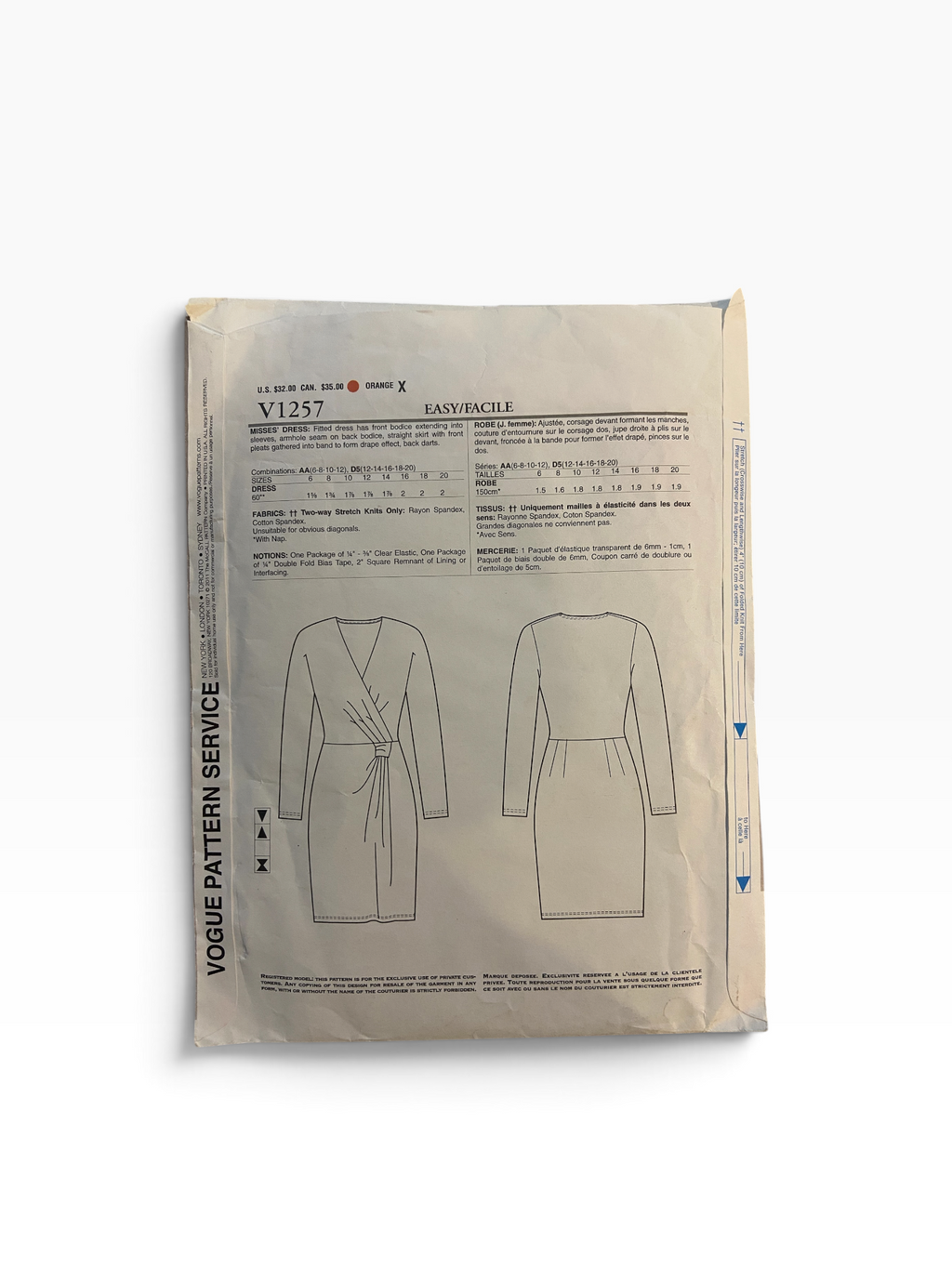 Vogue v1257 DKNY stretch dress sewing pattern from the 2000s Bust 34, 36, 38, 40 inches