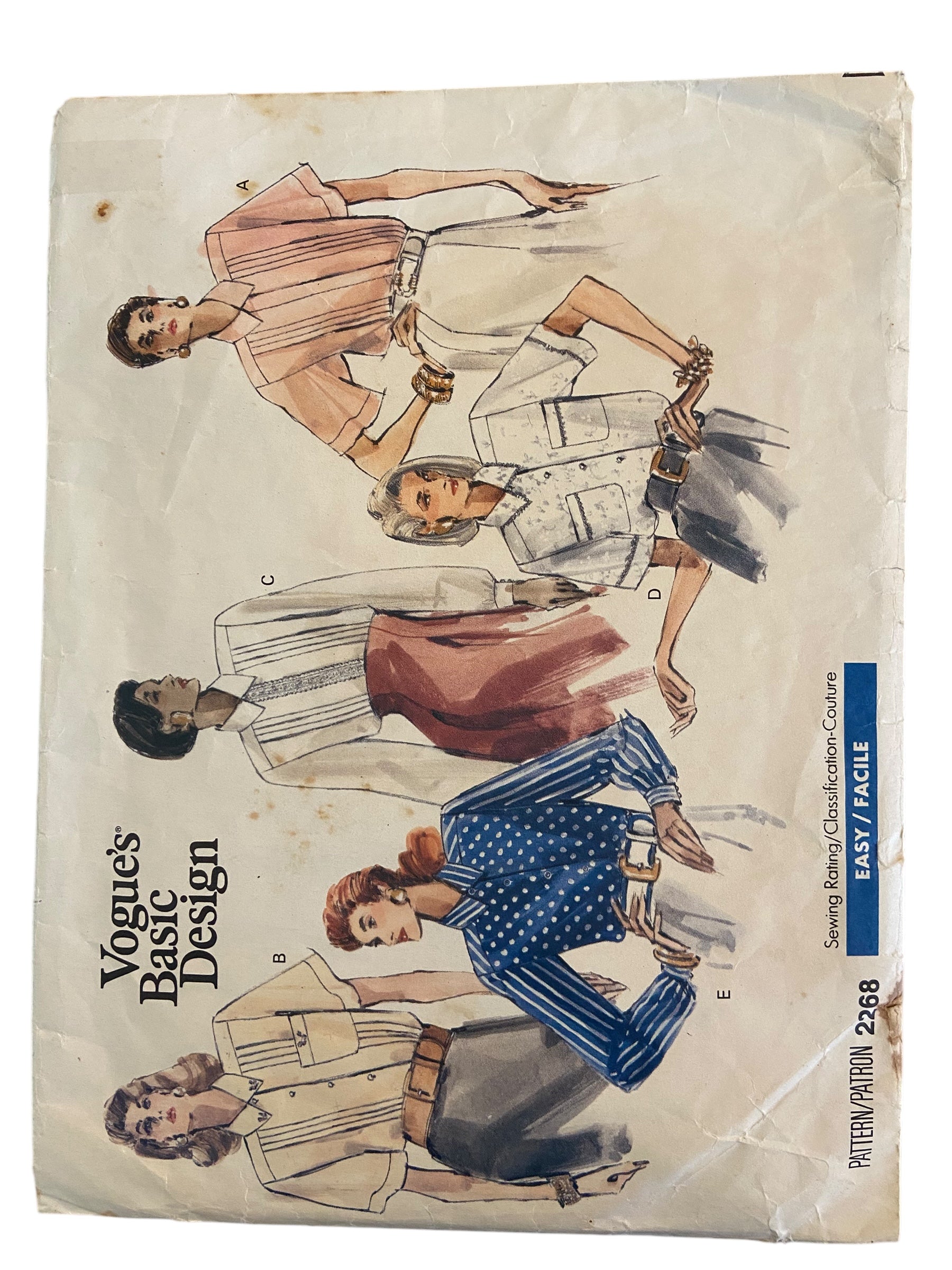 Vogue 2268 Basic Design vintage 1980s blouse pattern Bust 30.5, 31.5, 32.5 inches