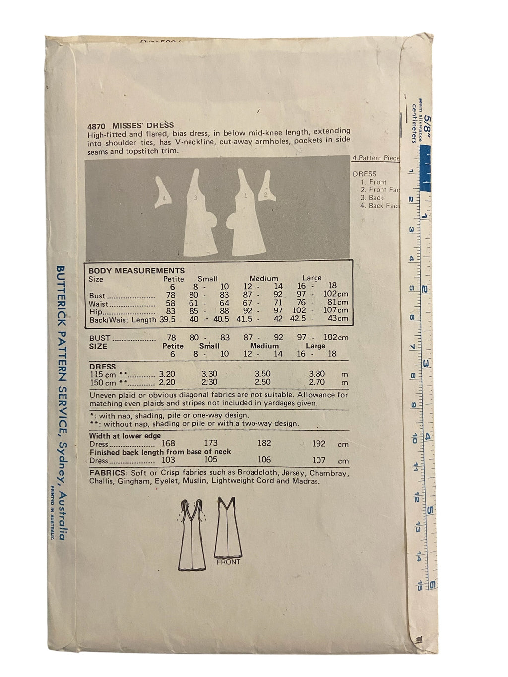 Butterick 4870 vintage 1970s  dress pattern. Bust 34 and 36 inches