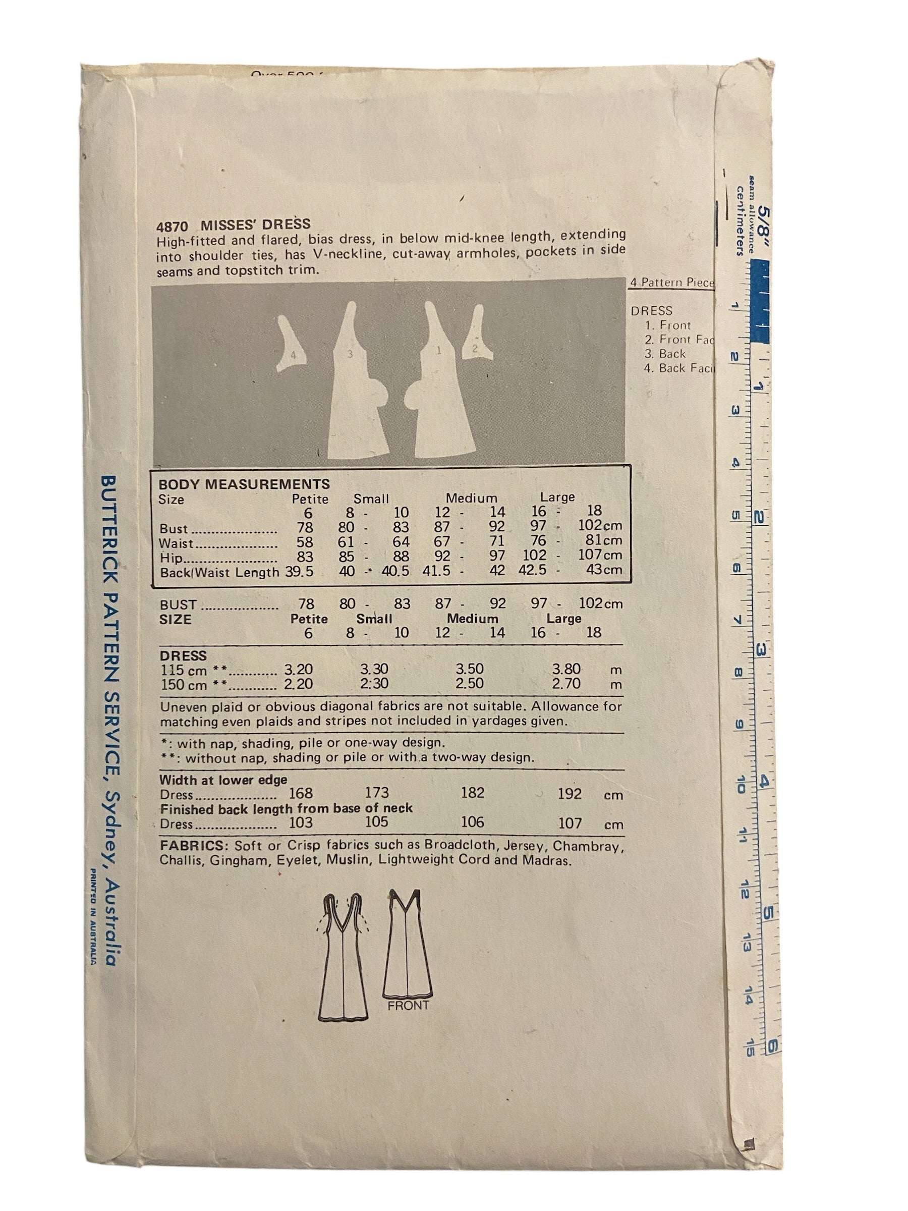 Butterick 4870 vintage 1970s  dress pattern. Bust 34 and 36 inches