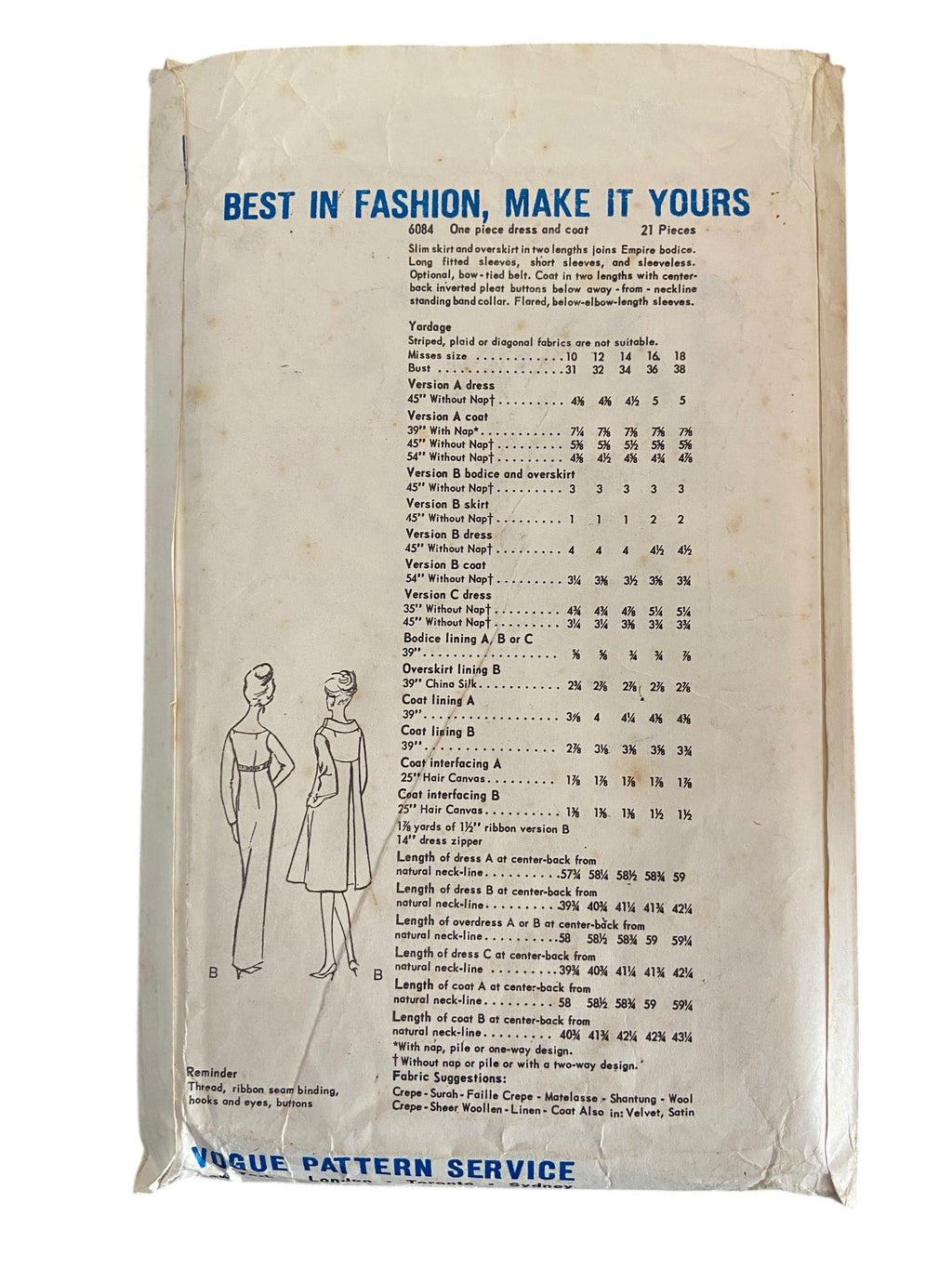 Vogue 6084 Vintage 1960s evening dress and coat sewing pattern Bust 32 inches