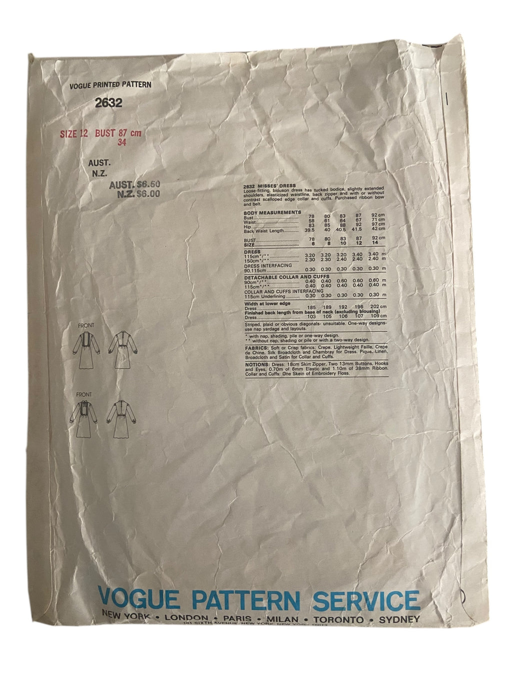 Vogue 2632 vintage 1980s designer Diane Von Furstenberg dress sewing pattern Bust 34 inches