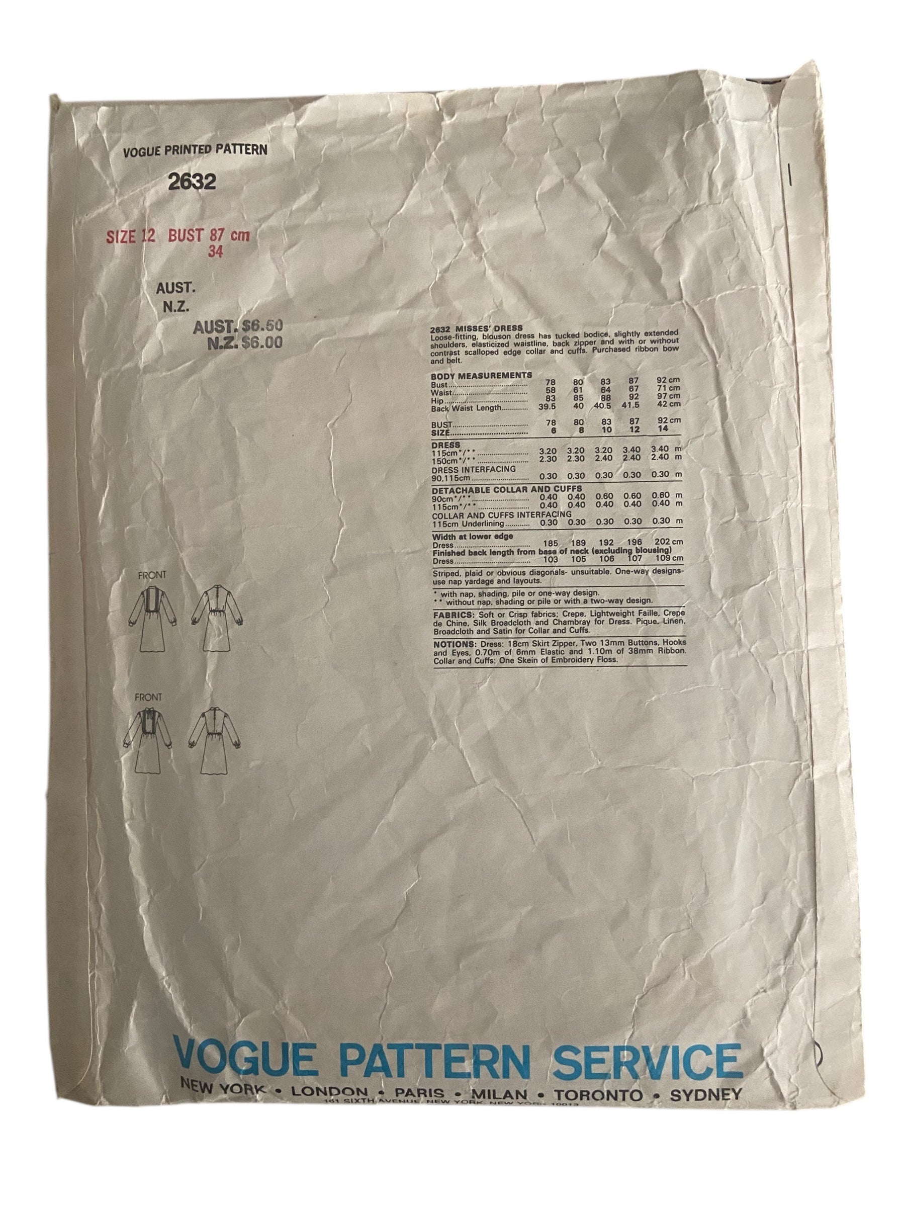 Vogue 2632 vintage 1980s designer Diane Von Furstenberg dress sewing pattern Bust 34 inches