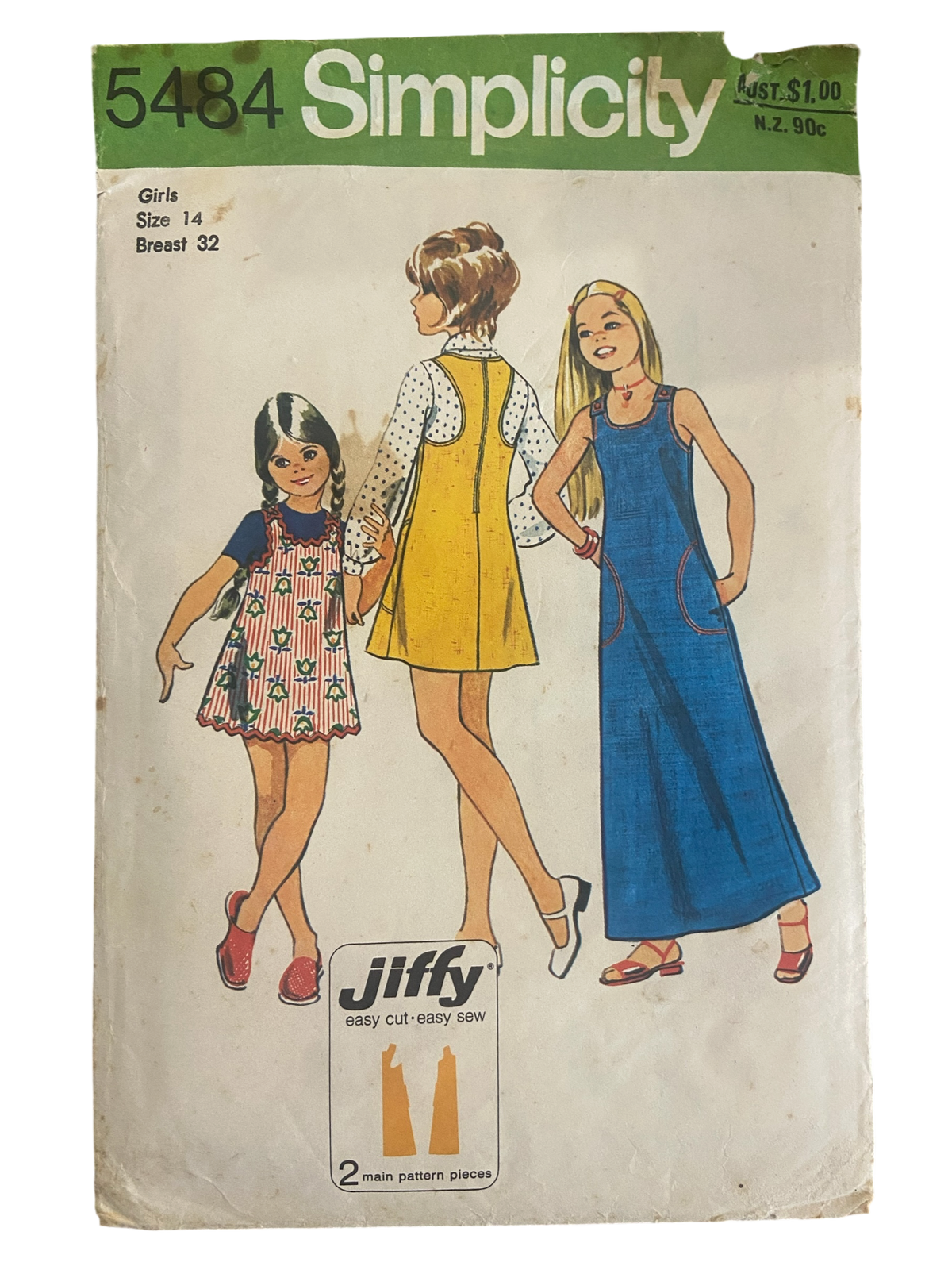 Simplicity 5484 vintage 1970s girls jiffy dress or jumper in two lengths sewing pattern Size 14, 32 inch breast