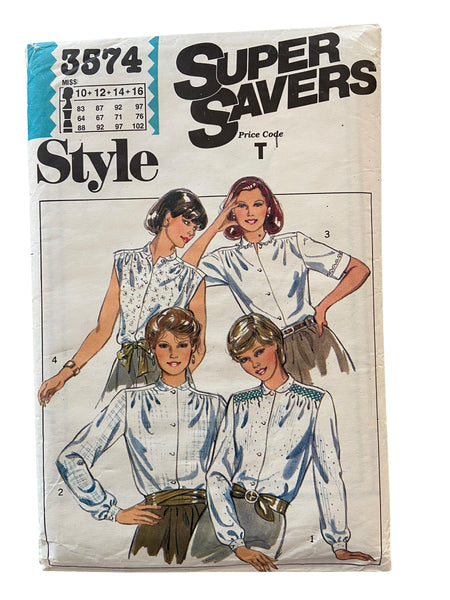 Style 3574 vintage 1980s blouse sewing pattern. Bust 32.5, 34, 36, 38 inches