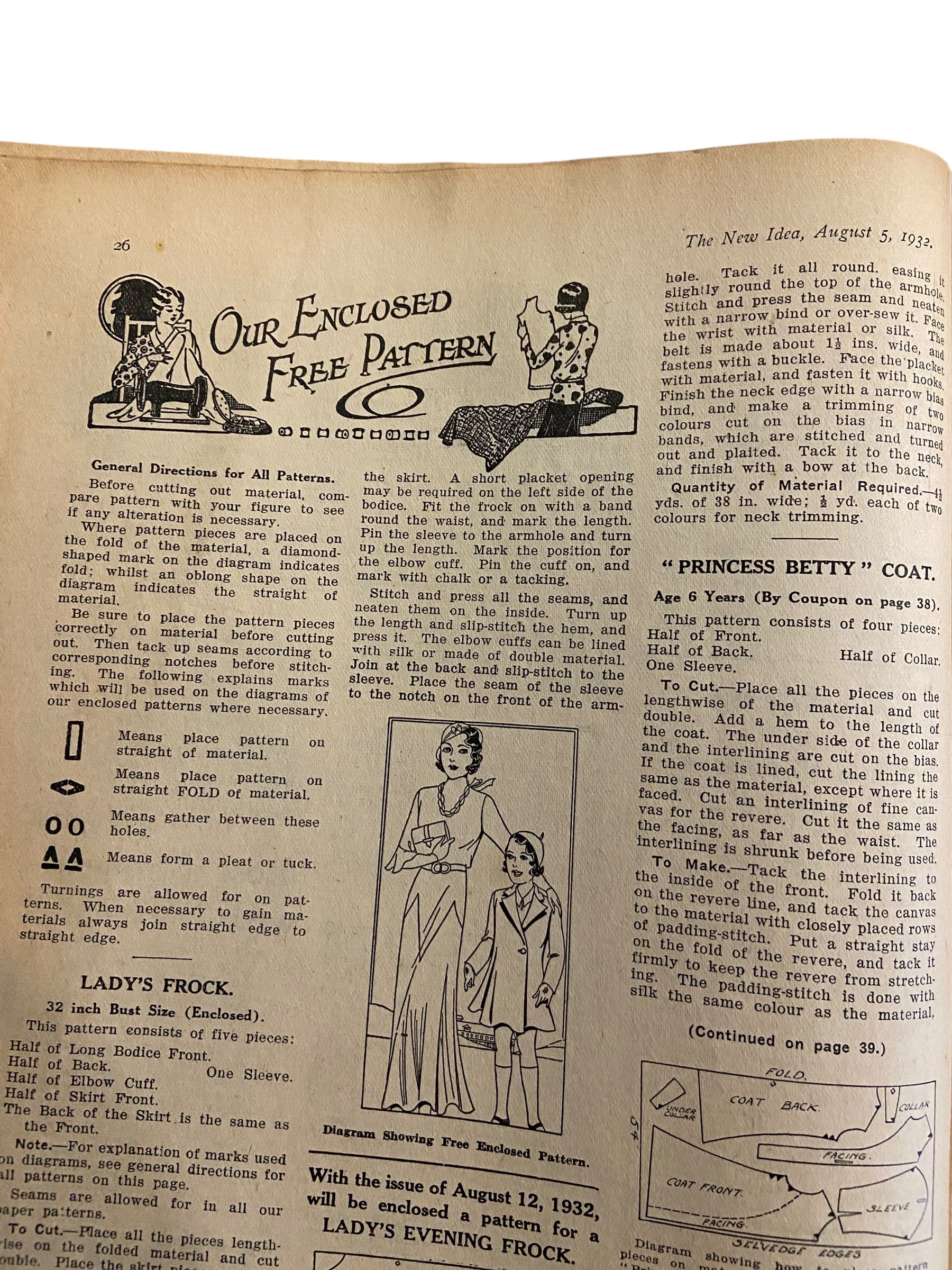 The New Idea Magazine . A weekly paper for Australian and New Zealand Women. August 5 1932 with sewing pattern unused, factory folded, lady’s frock. Bust 32 inches.
