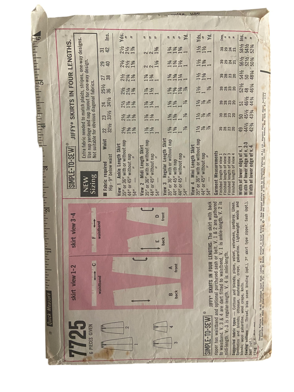 Simplicity 7725 vintage 1960s skirts pattern sewing pattern. Waist 27, hip 38 inches.