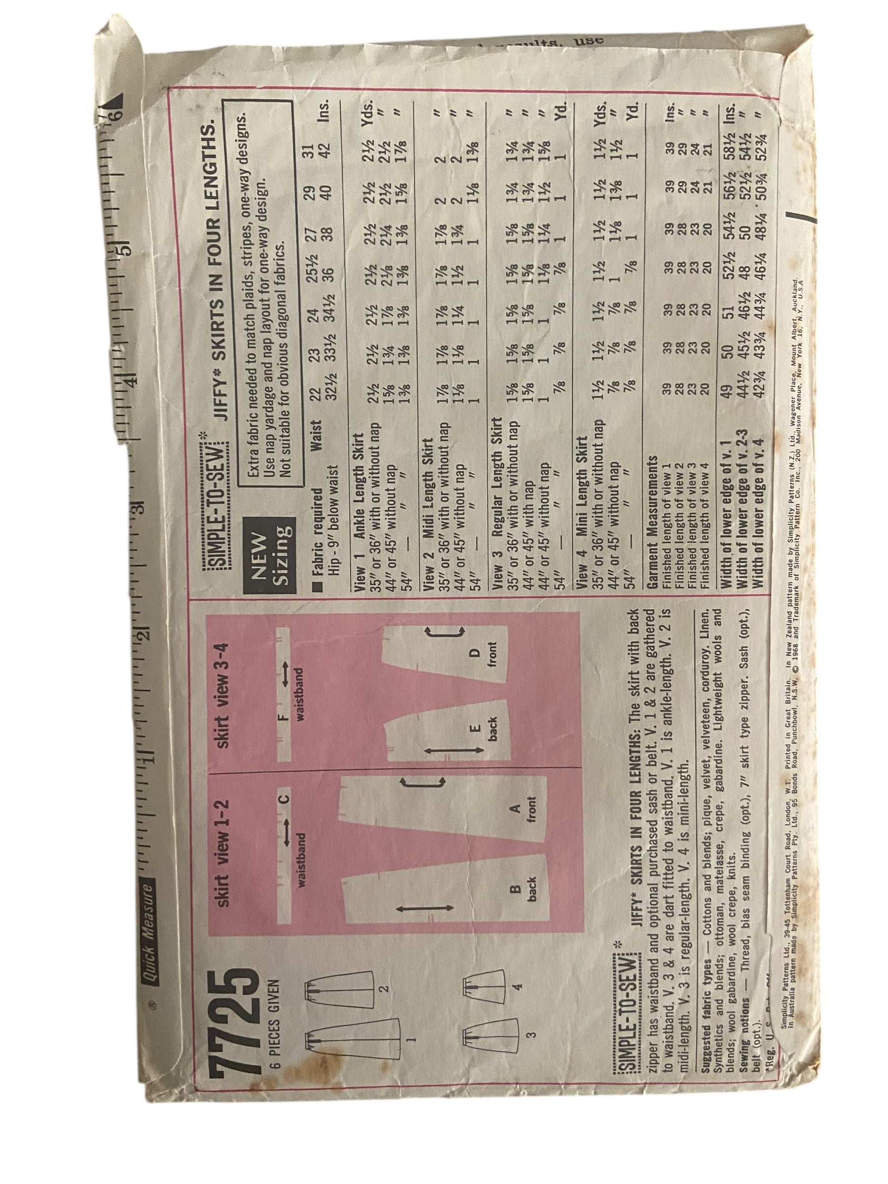 Simplicity 7725 vintage 1960s skirts pattern sewing pattern. Waist 27, hip 38 inches.