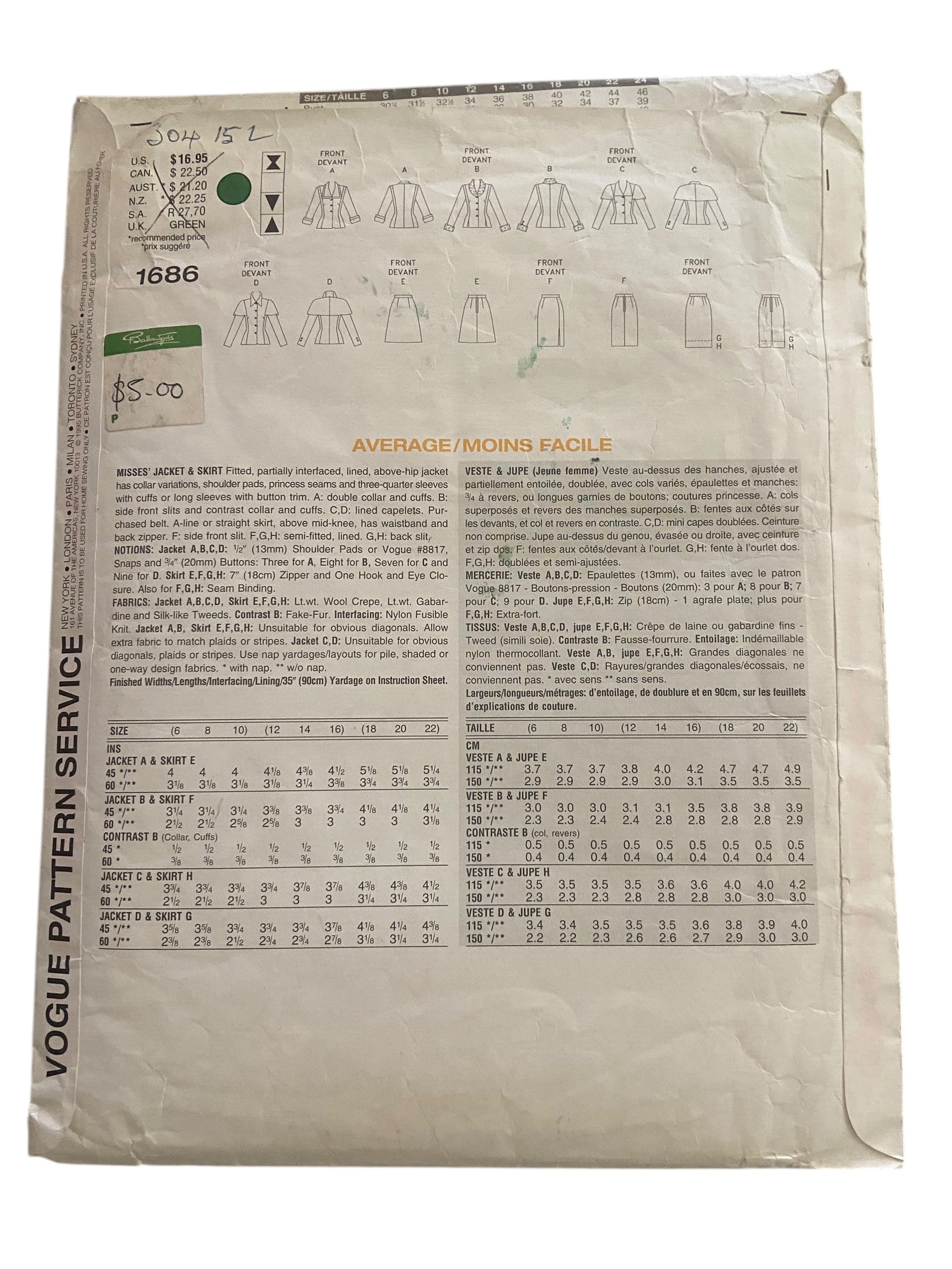 Vogue 1686 Vogue’s basic design jacket and skirt sewing pattern. Bust 30.5, 31.5, 32.5 inches