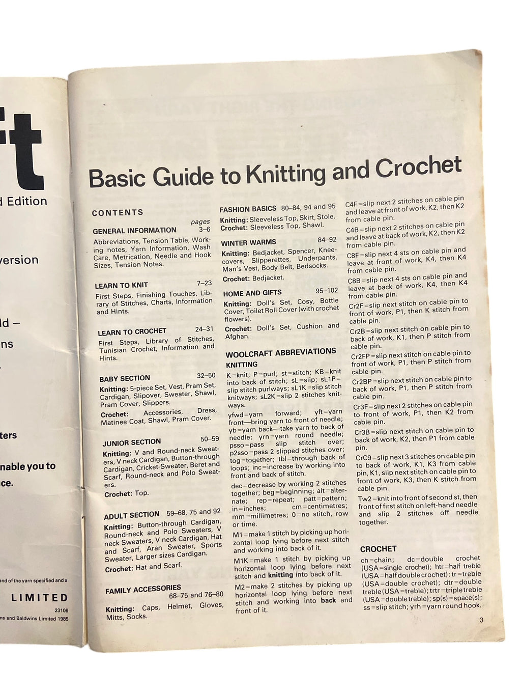 Vintage 1980s Paton’s Woolcraft, bicentenary edition, the basic guide to knitting and crochet, instruction and pattern book