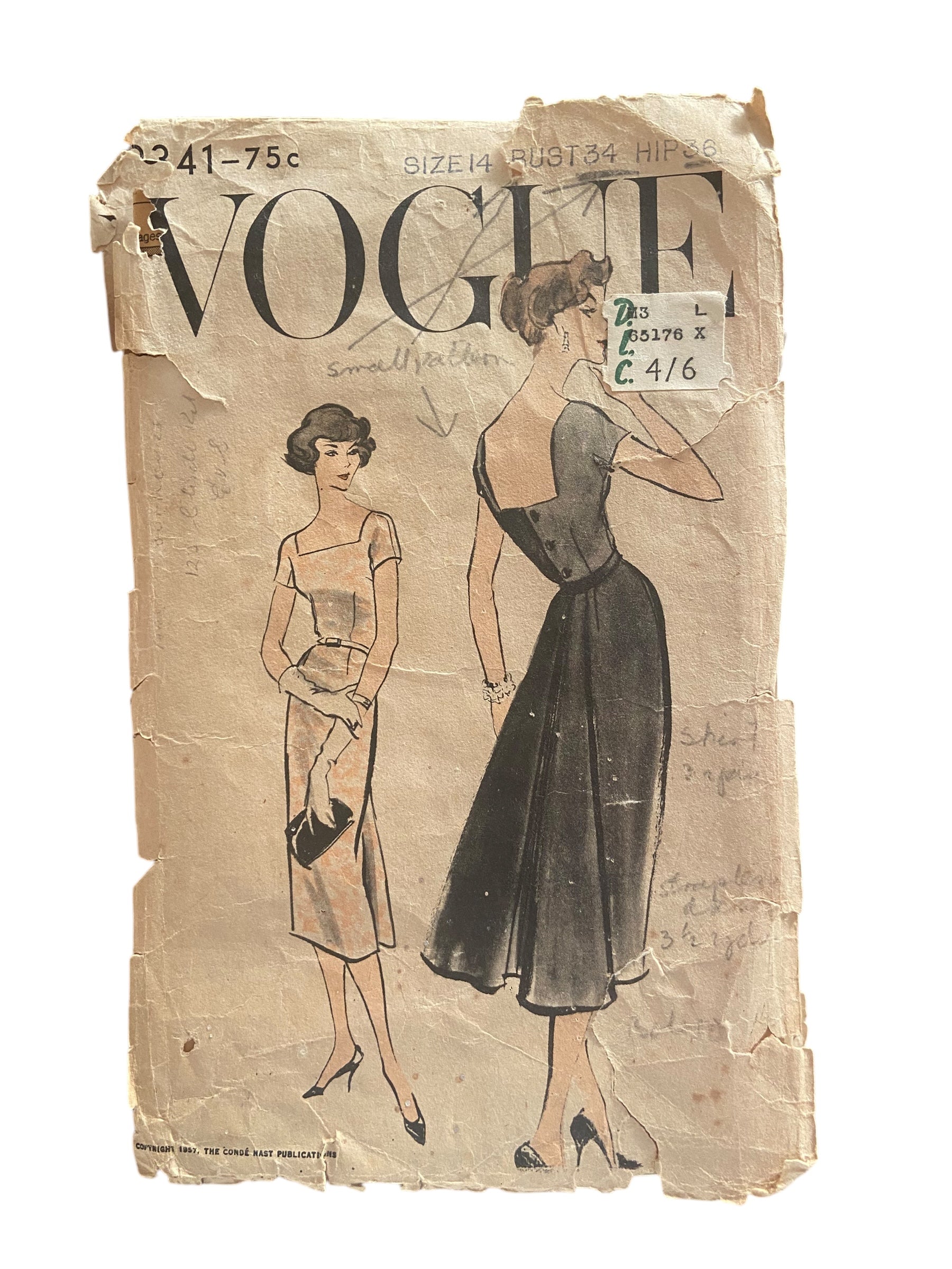 Vogue 9341 vintage 1959 dress sewing pattern Bust 34 inches