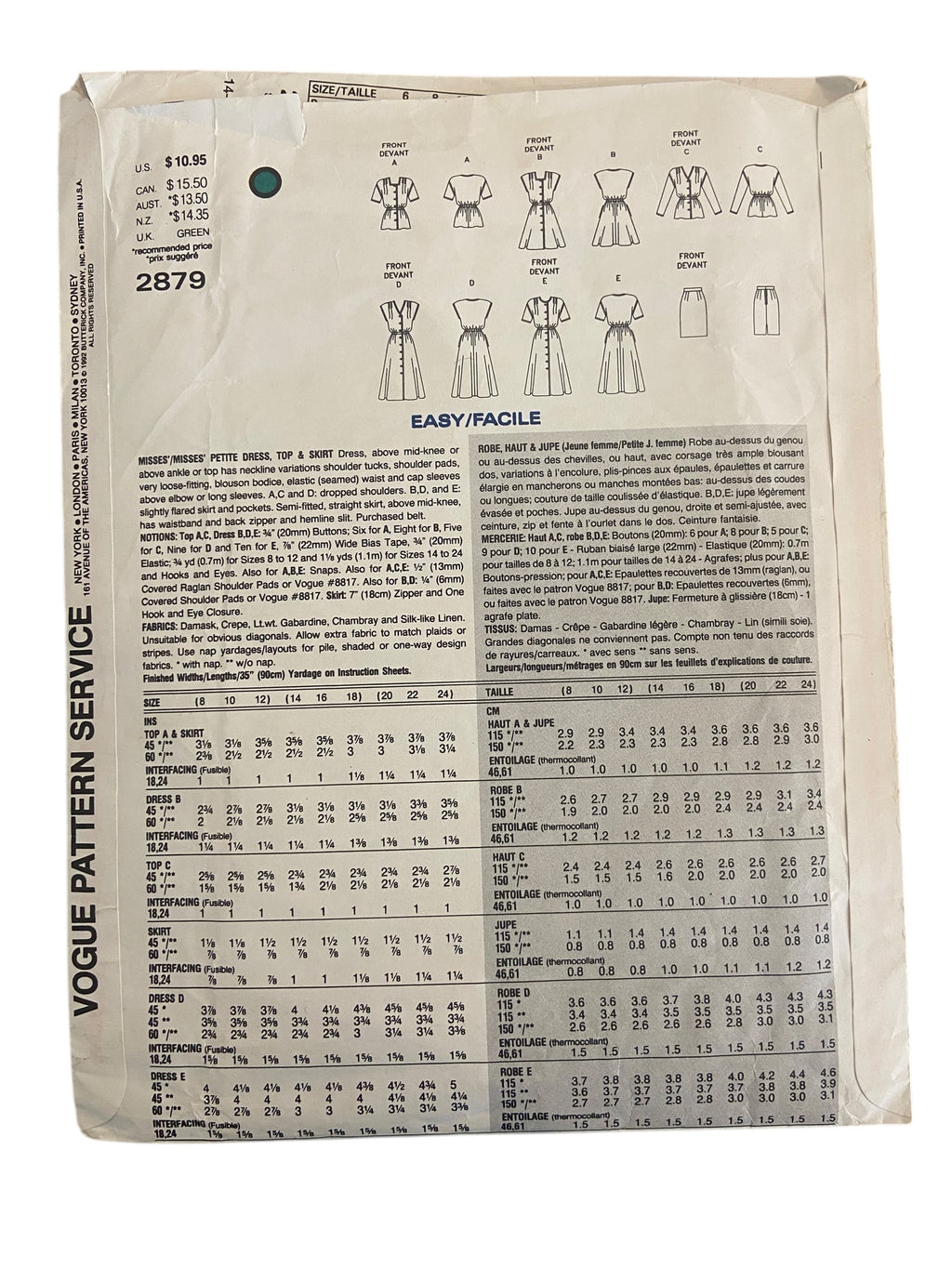 Vogue 2879 vintage 1990s dress sewing pattern. Bust 36, 38, 40 inches