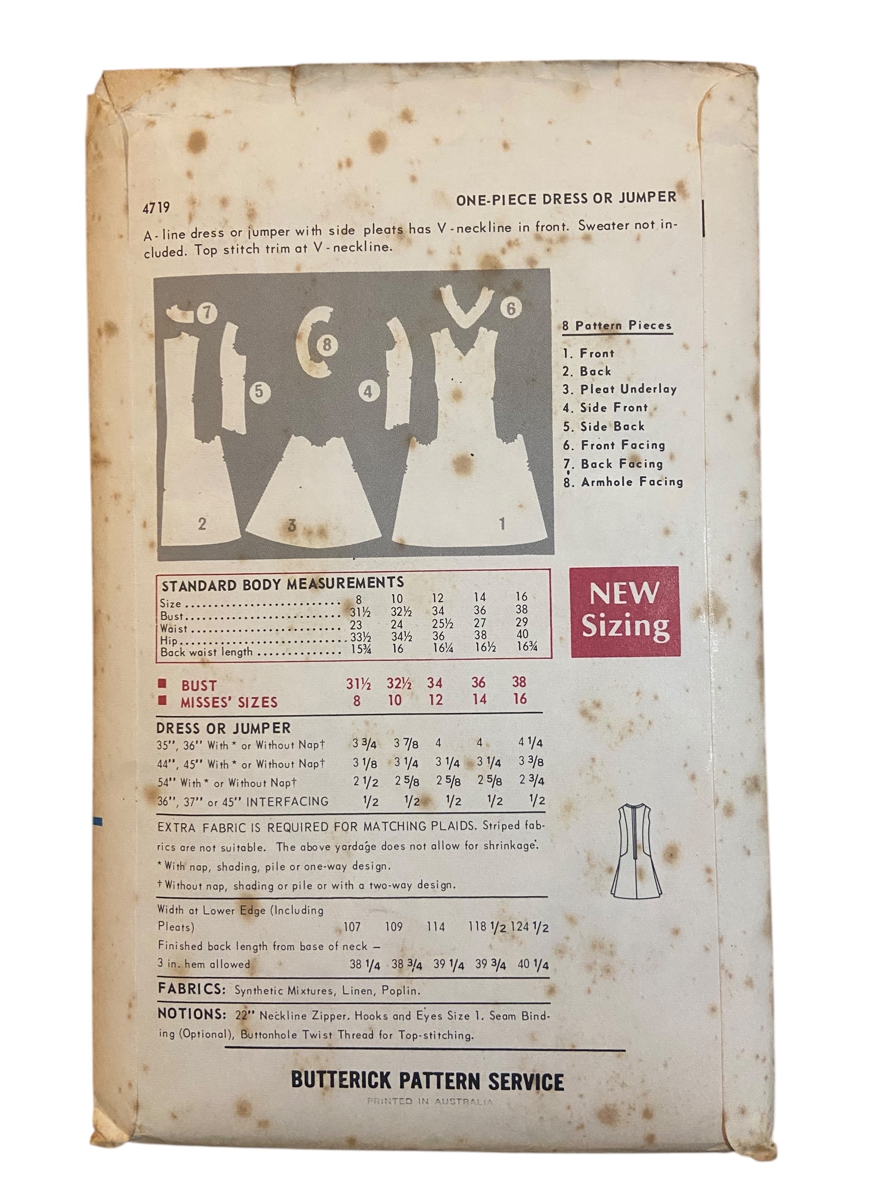 Butterick 4719 vintage 1960s dress or jumper sewing pattern. Bust 34 inches