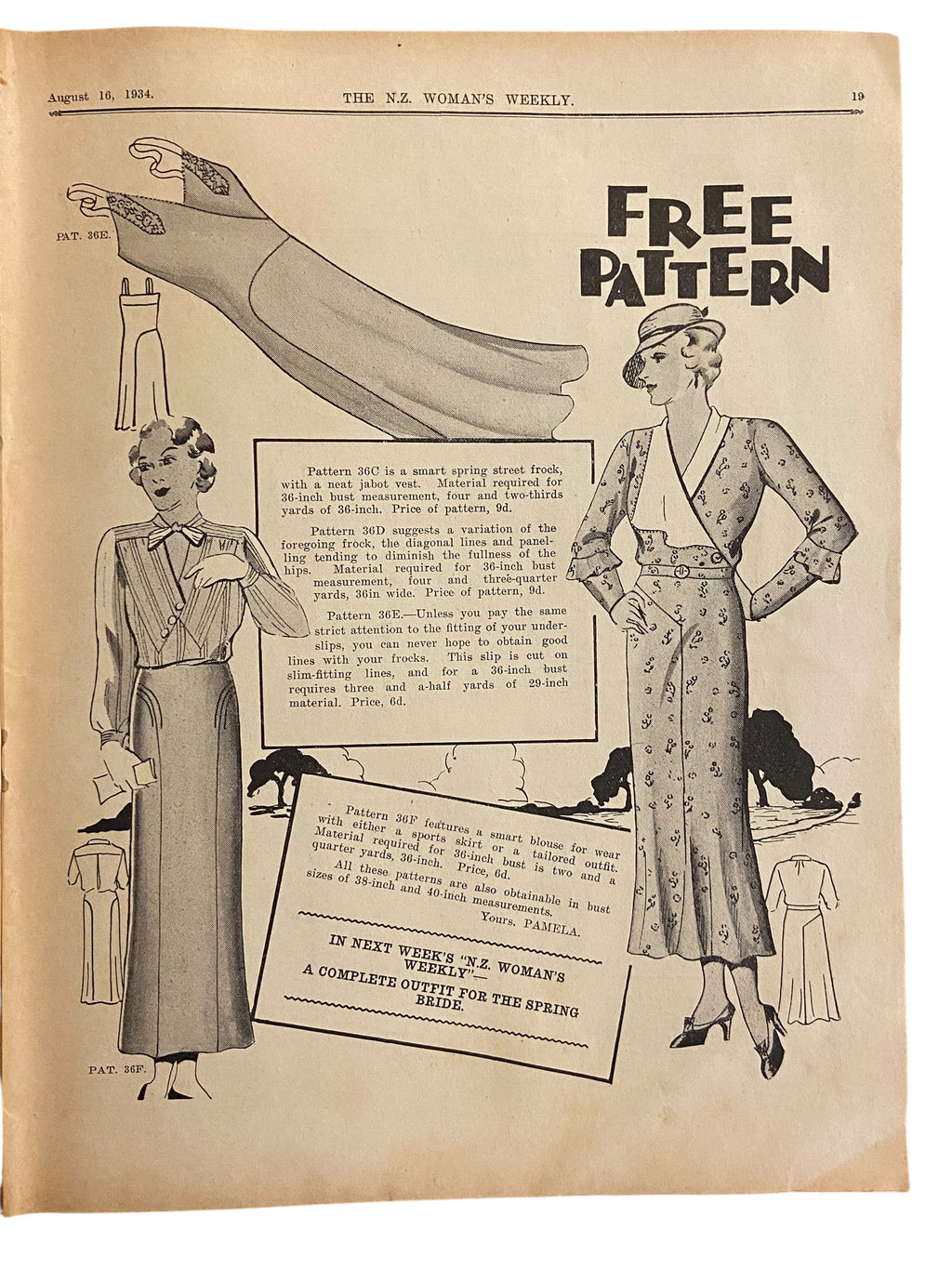 New Zealand Woman’s Weekly August 16 1934 with a sewing pattern, unused, factory folded, ladies frock (attractive frock for the matron), bust 36 inches